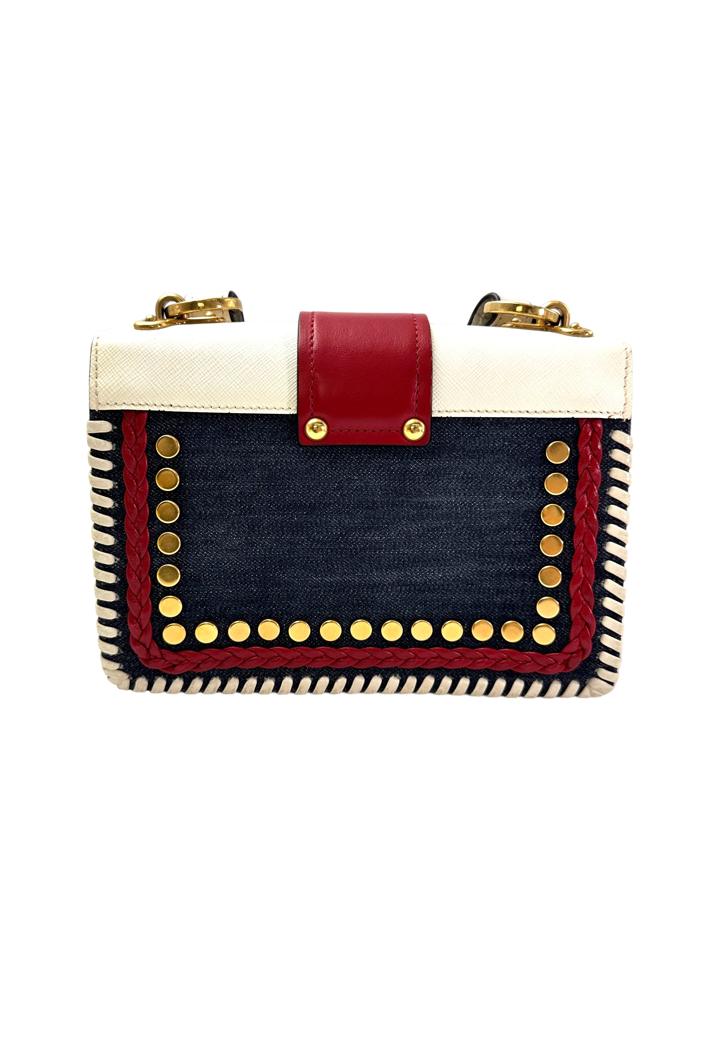 Prada Cahier Denim & Saffiano Leather Shoulder Bag With Gold Hardware PR323
