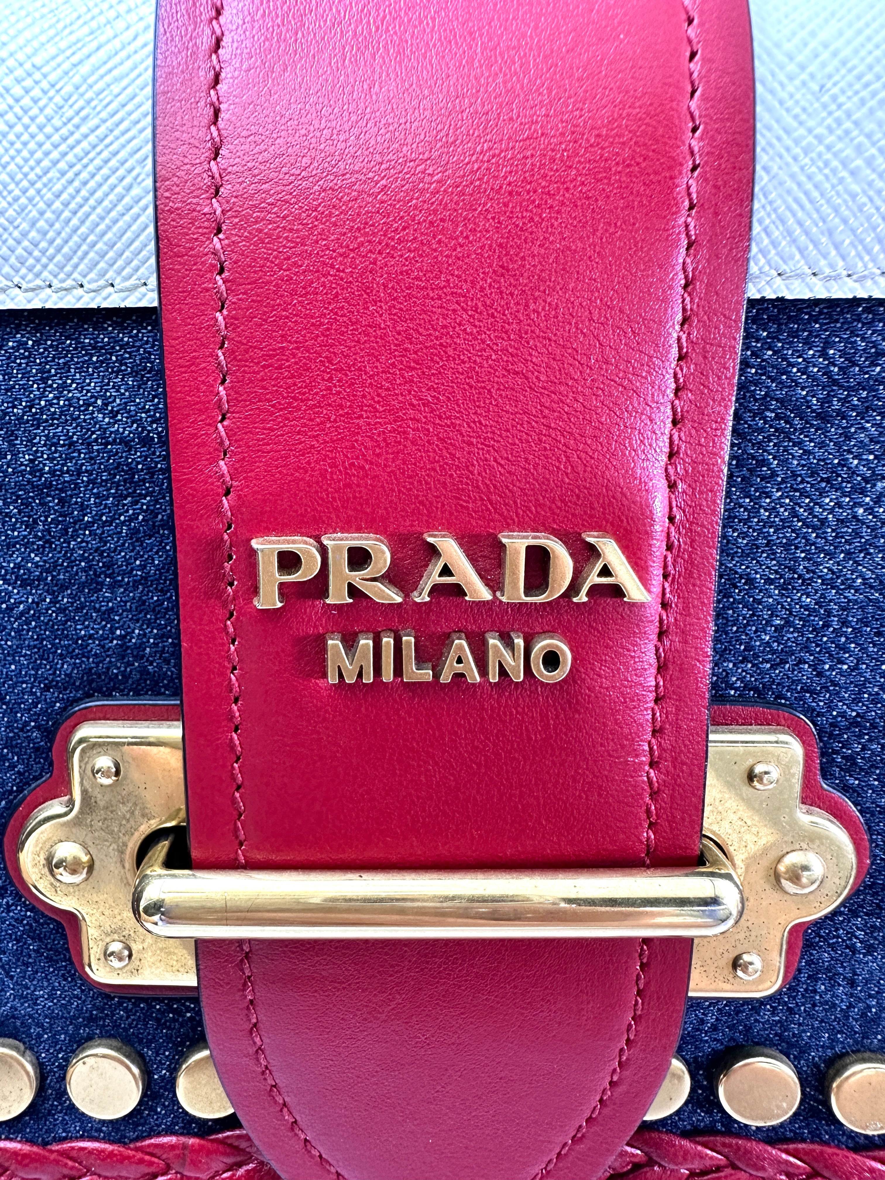 Prada Cahier Denim & Saffiano Leather Shoulder Bag With Gold Hardware PR323