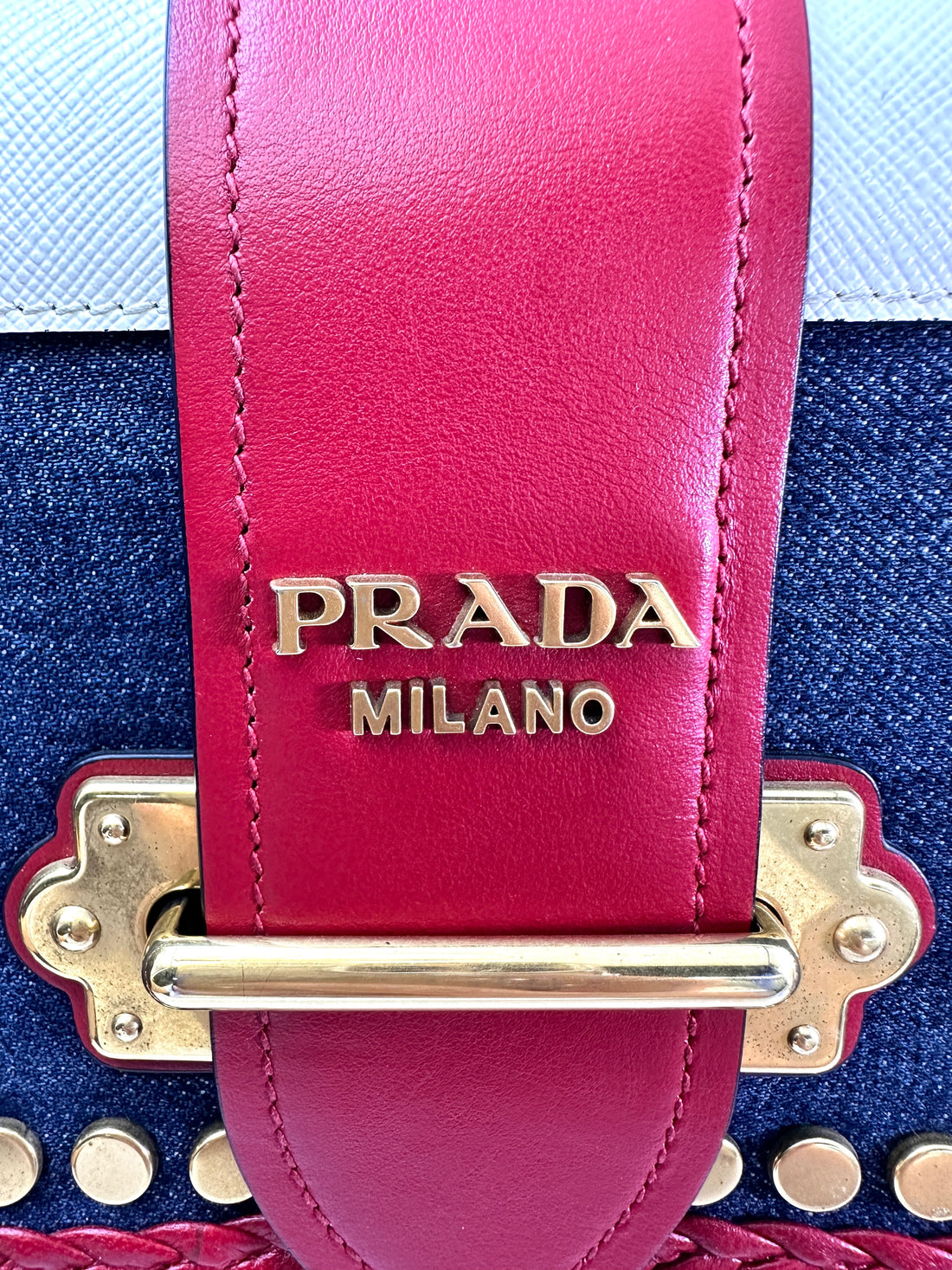 Prada Cahier Denim & Saffiano Leather Shoulder Bag With Gold Hardware PR323
