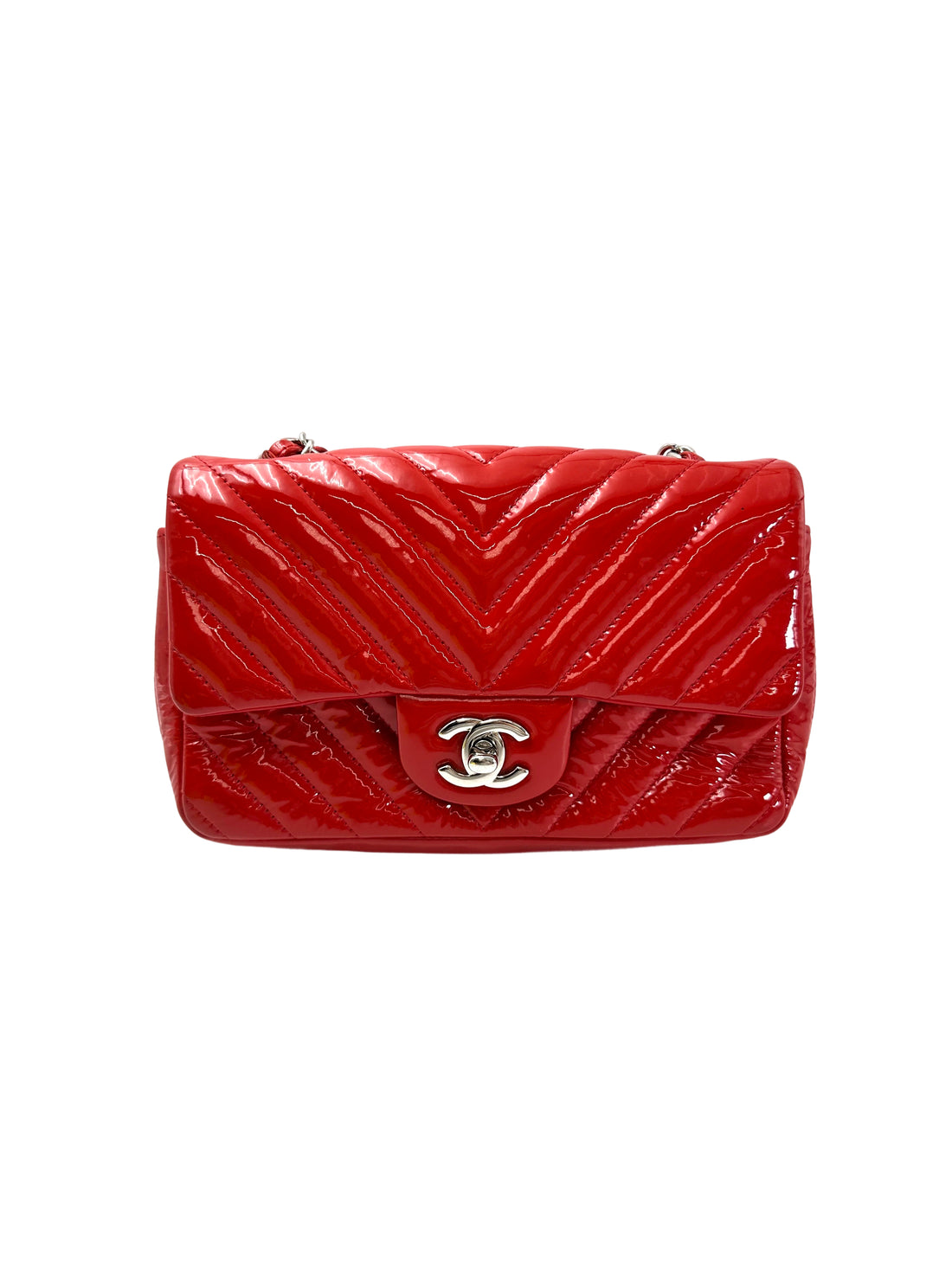 Chanel Classic Flap Red Chevron Quilted Patent Leather Shoulder Bag With Silver Buckle(21***51) CC1948