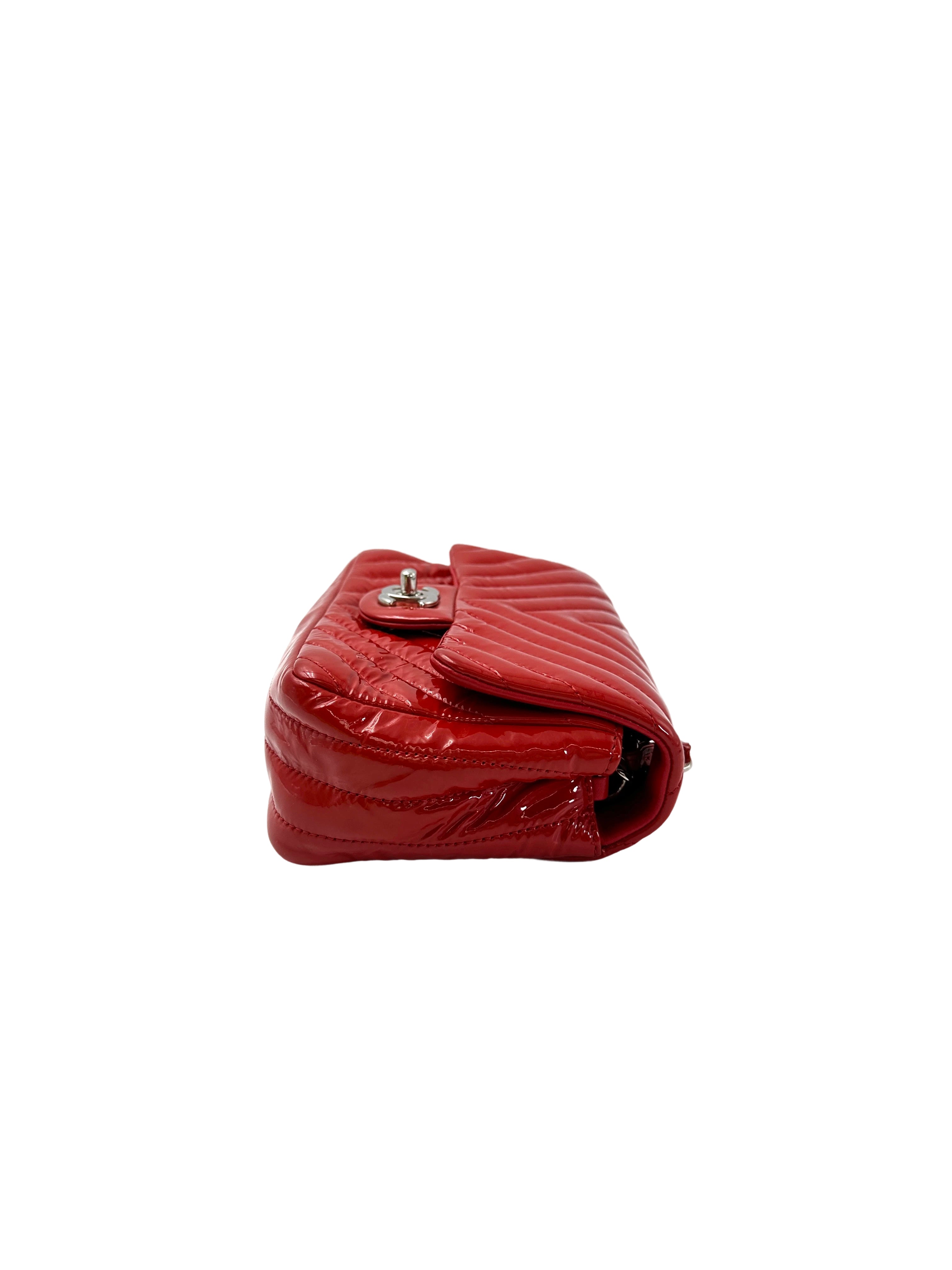 Chanel Classic Flap Red Chevron Quilted Patent Leather Shoulder Bag With Silver Buckle(21***51) CC1948