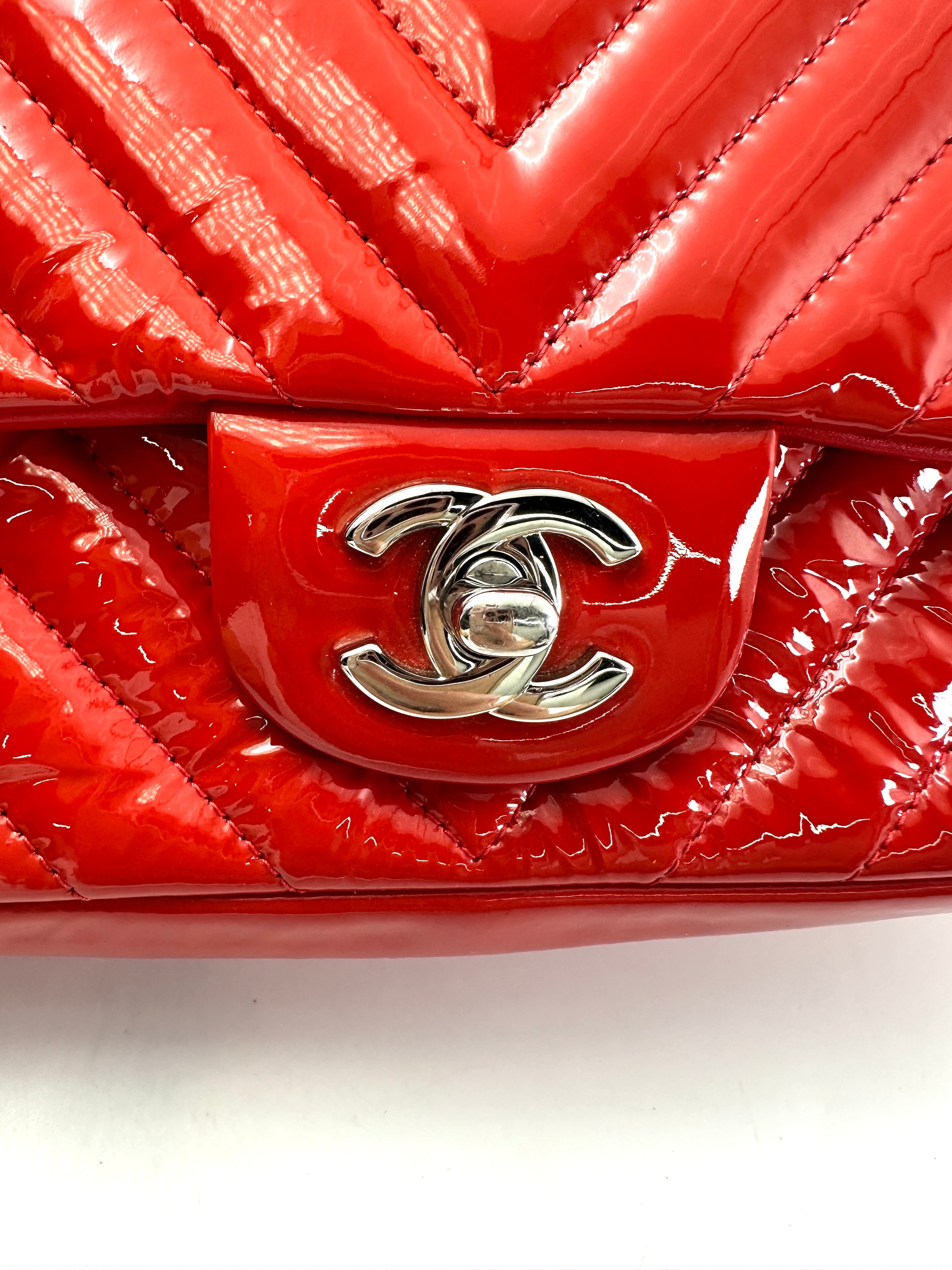Chanel Classic Flap Red Chevron Quilted Patent Leather Shoulder Bag With Silver Buckle(21***51) CC1948