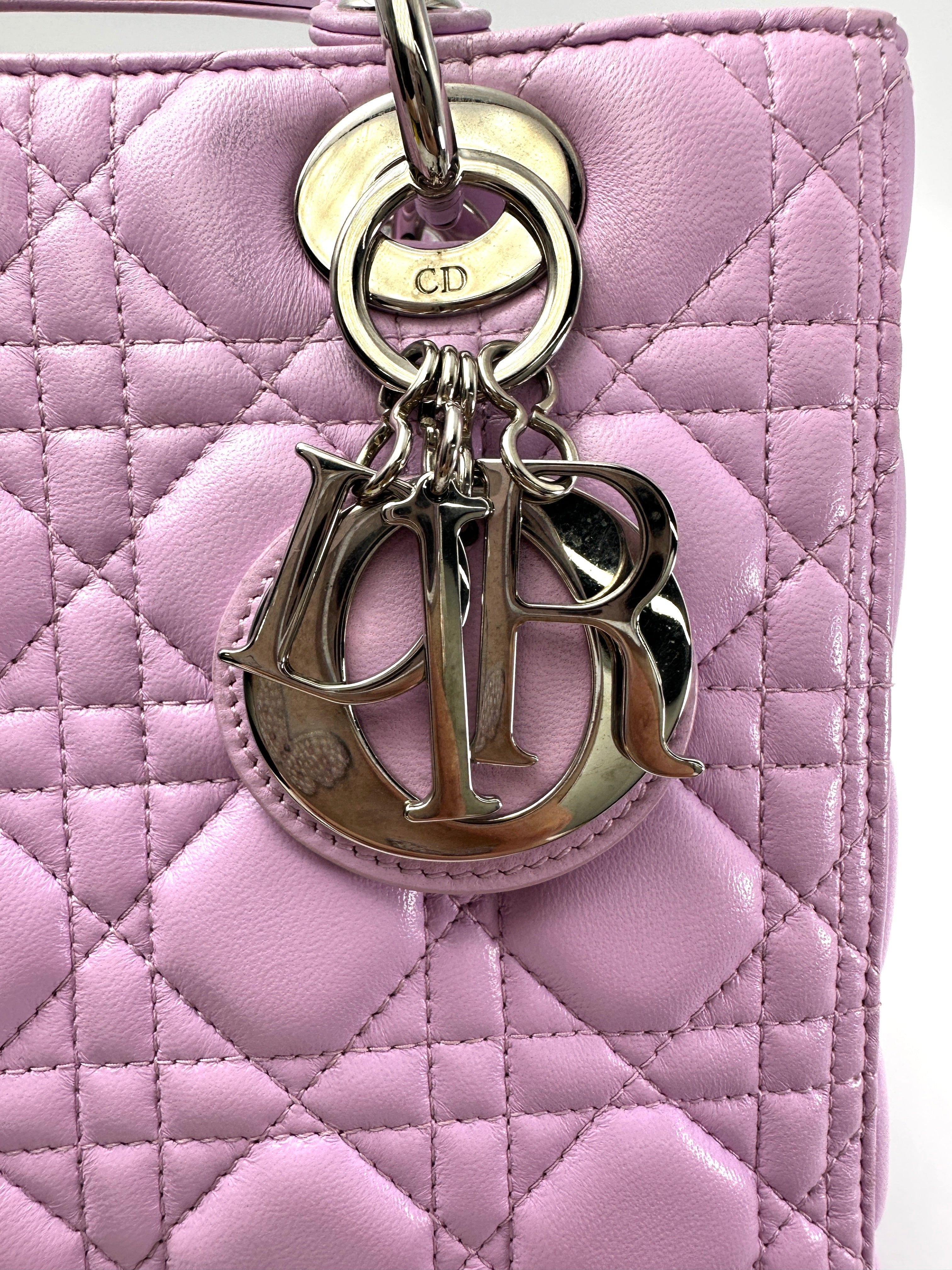 Christian Dior Lady Dior Pink Cannage Leather Handle Bag With Silver Charms DR730