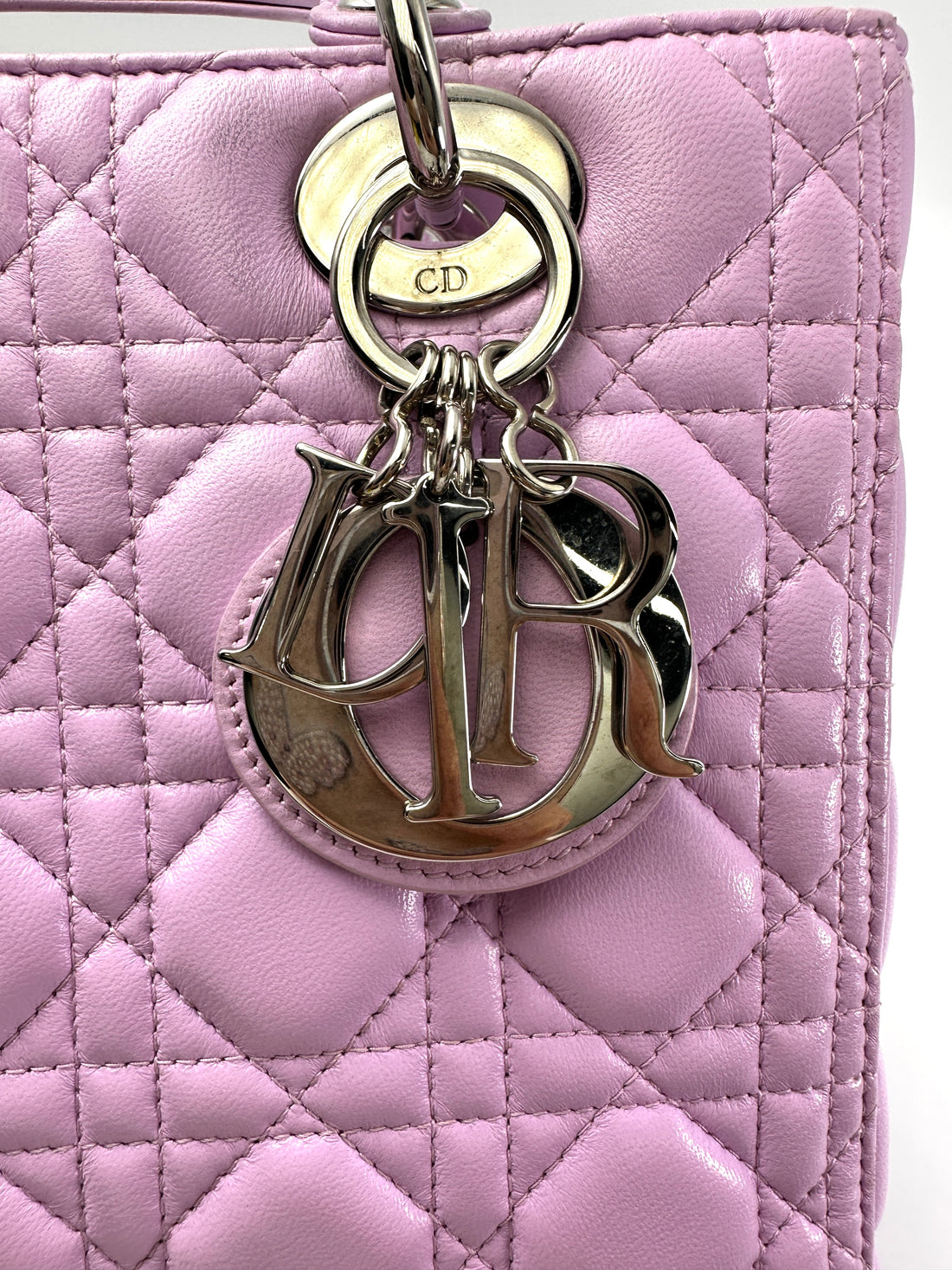 Christian Dior Lady Dior Pink Cannage Leather Handle Bag With Silver Charms DR730