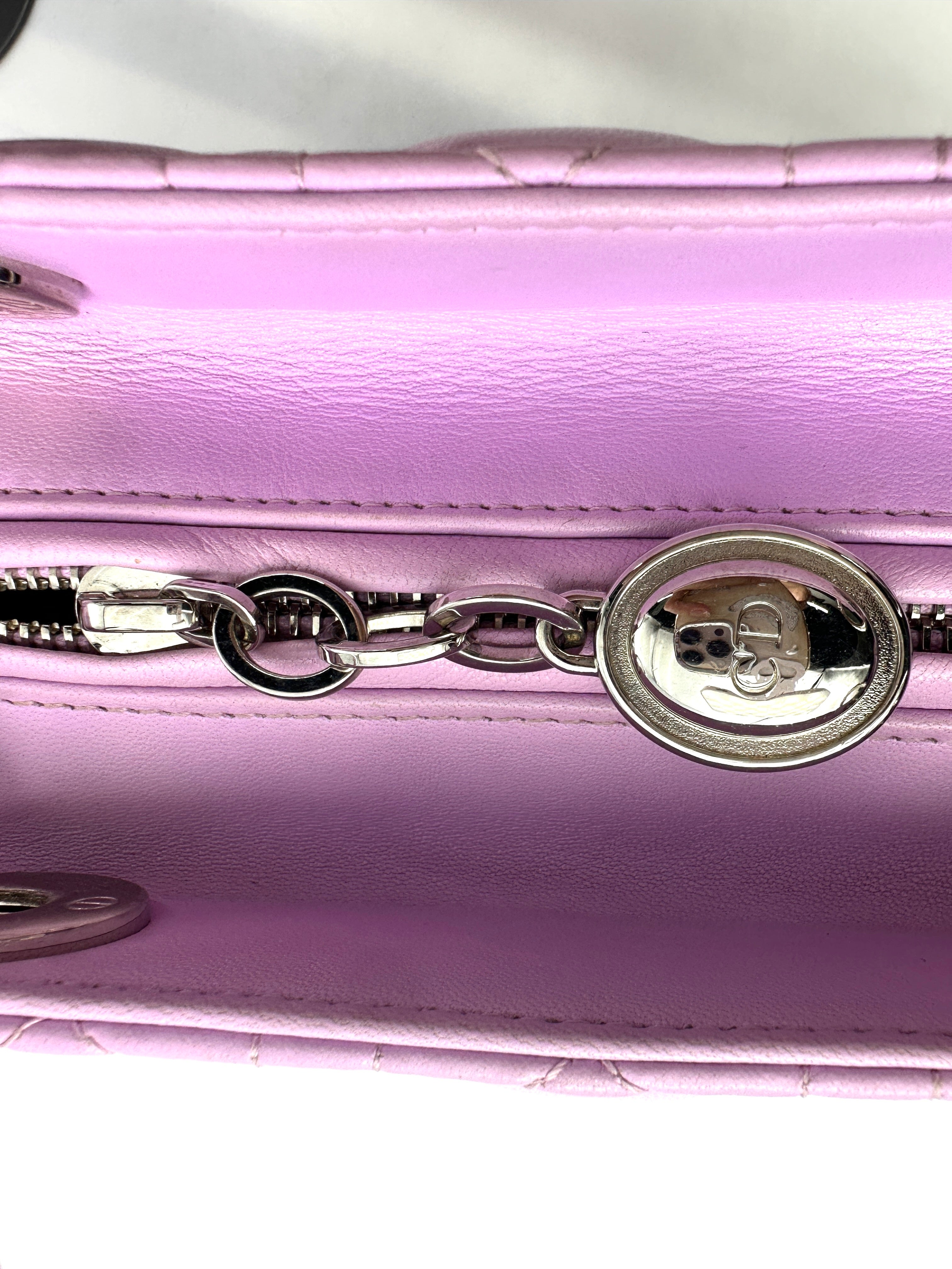 Christian Dior Lady Dior Pink Cannage Leather Handle Bag With Silver Charms DR730