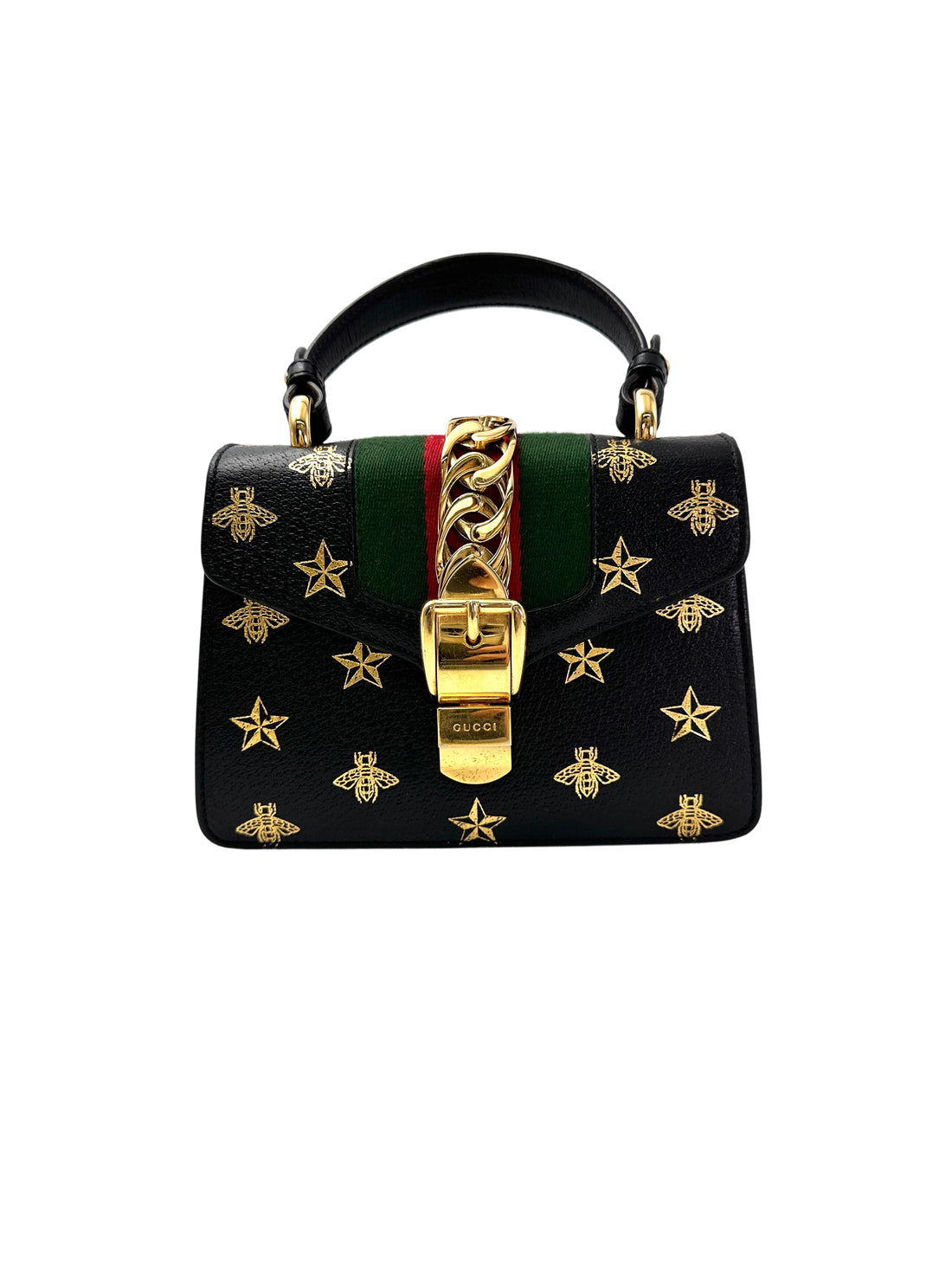Gucci Sylvie Bee Star Black Leather Small Size Top Handle Bag GG968