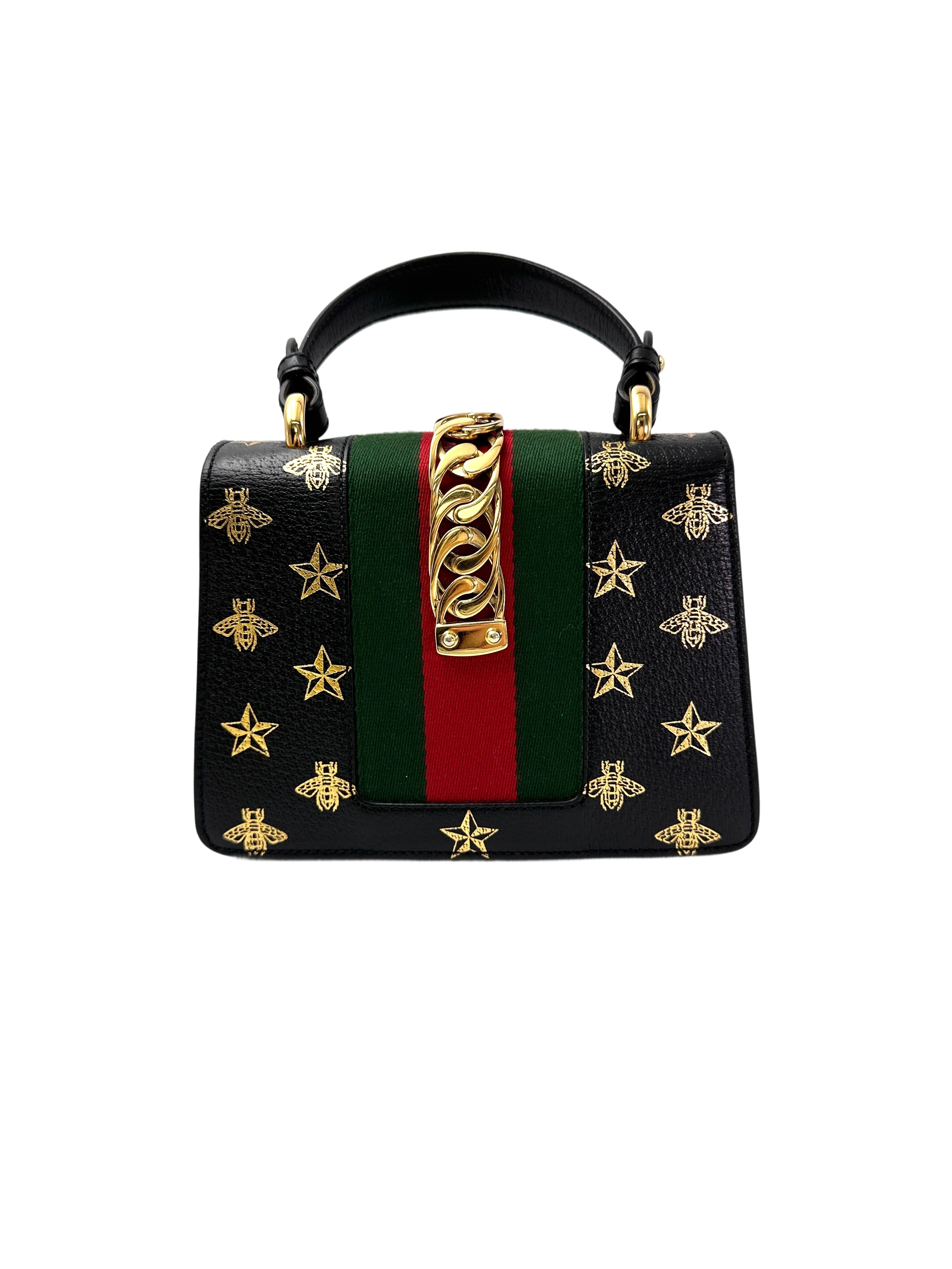 Gucci Sylvie Bee Star Black Leather Small Size Top Handle Bag GG968