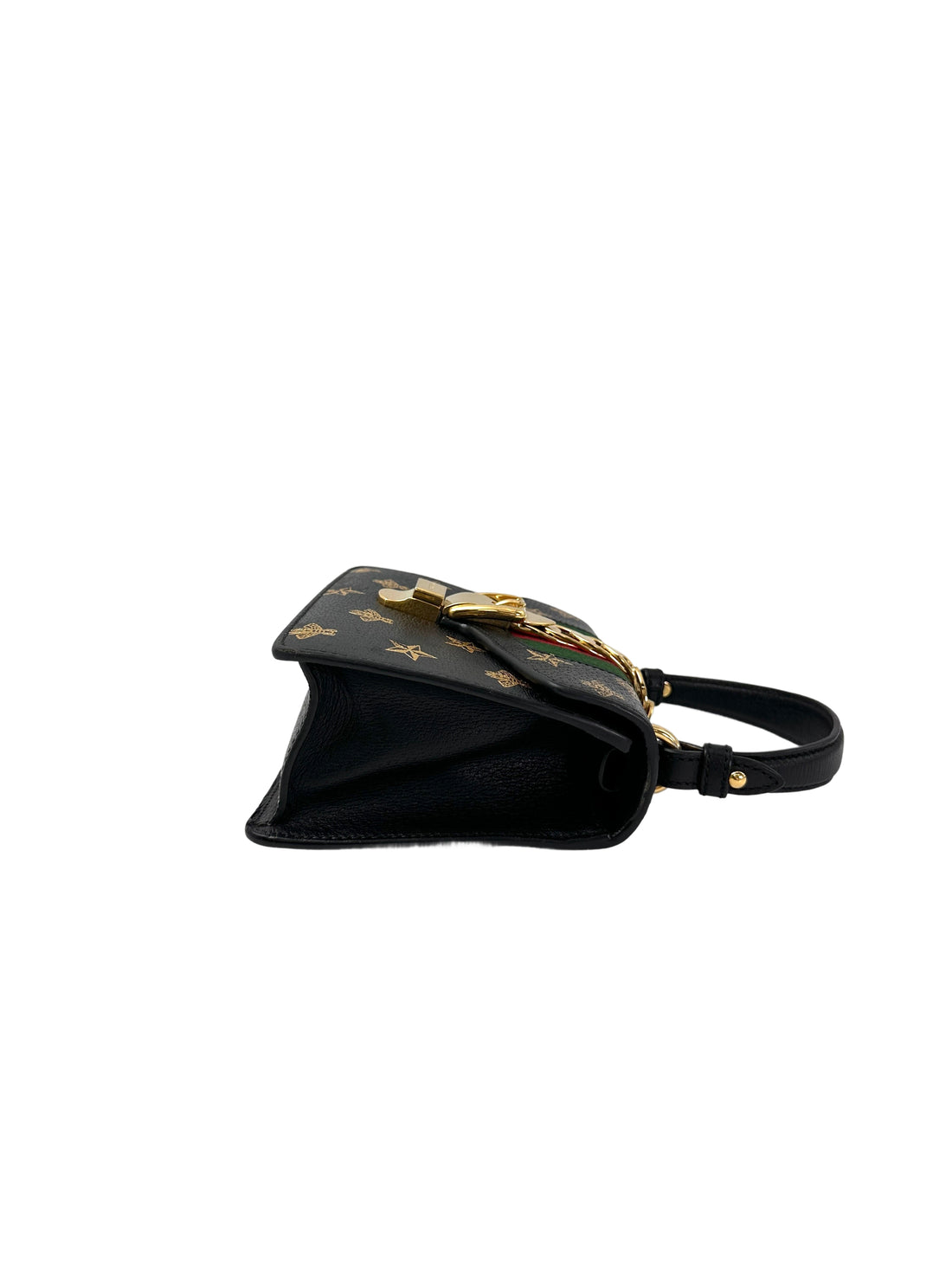 Gucci Sylvie Bee Star Black Leather Small Size Top Handle Bag GG968
