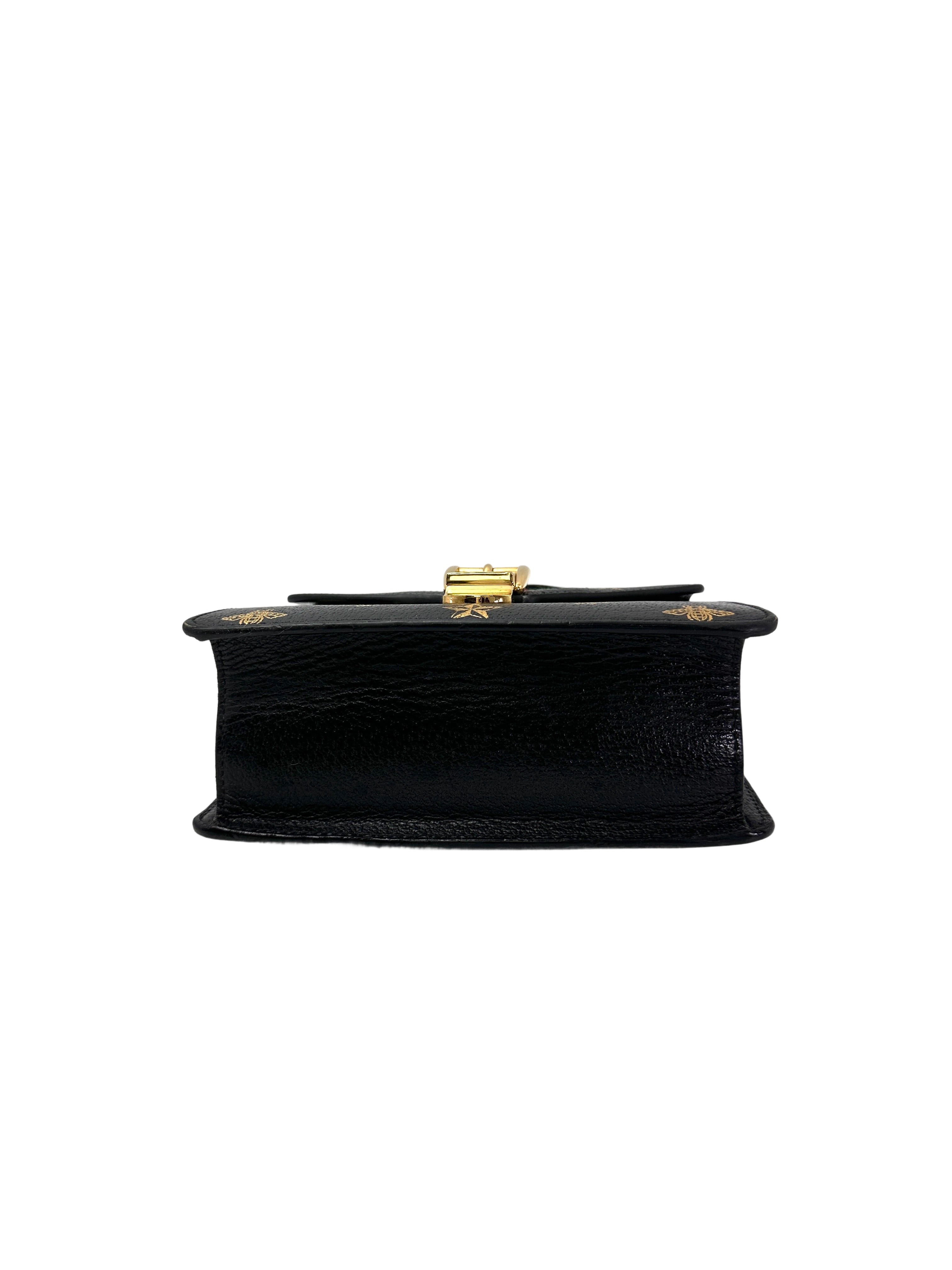 Gucci Sylvie Bee Star Black Leather Small Size Top Handle Bag GG968