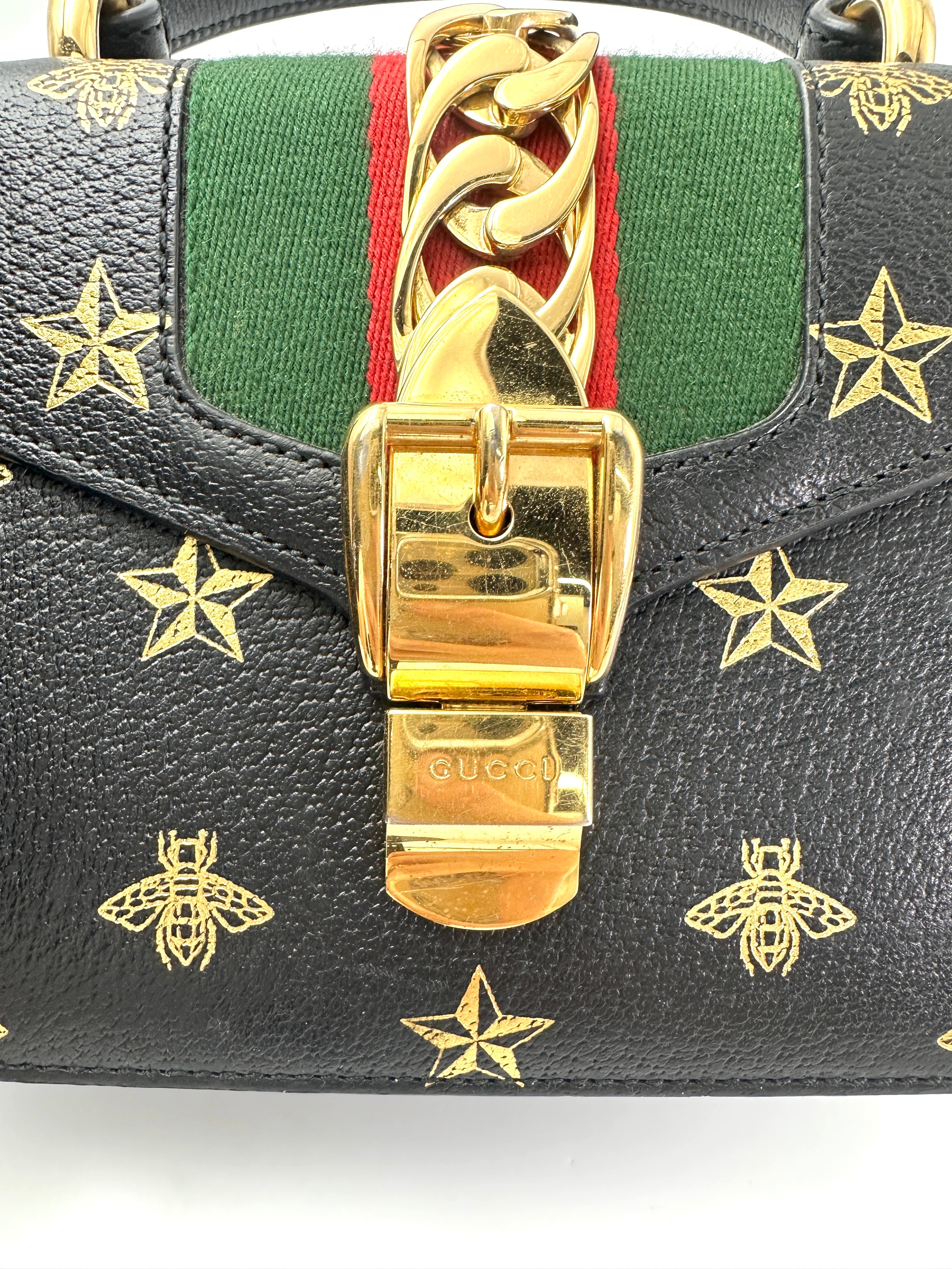 Gucci Sylvie Bee Star Black Leather Small Size Top Handle Bag GG968
