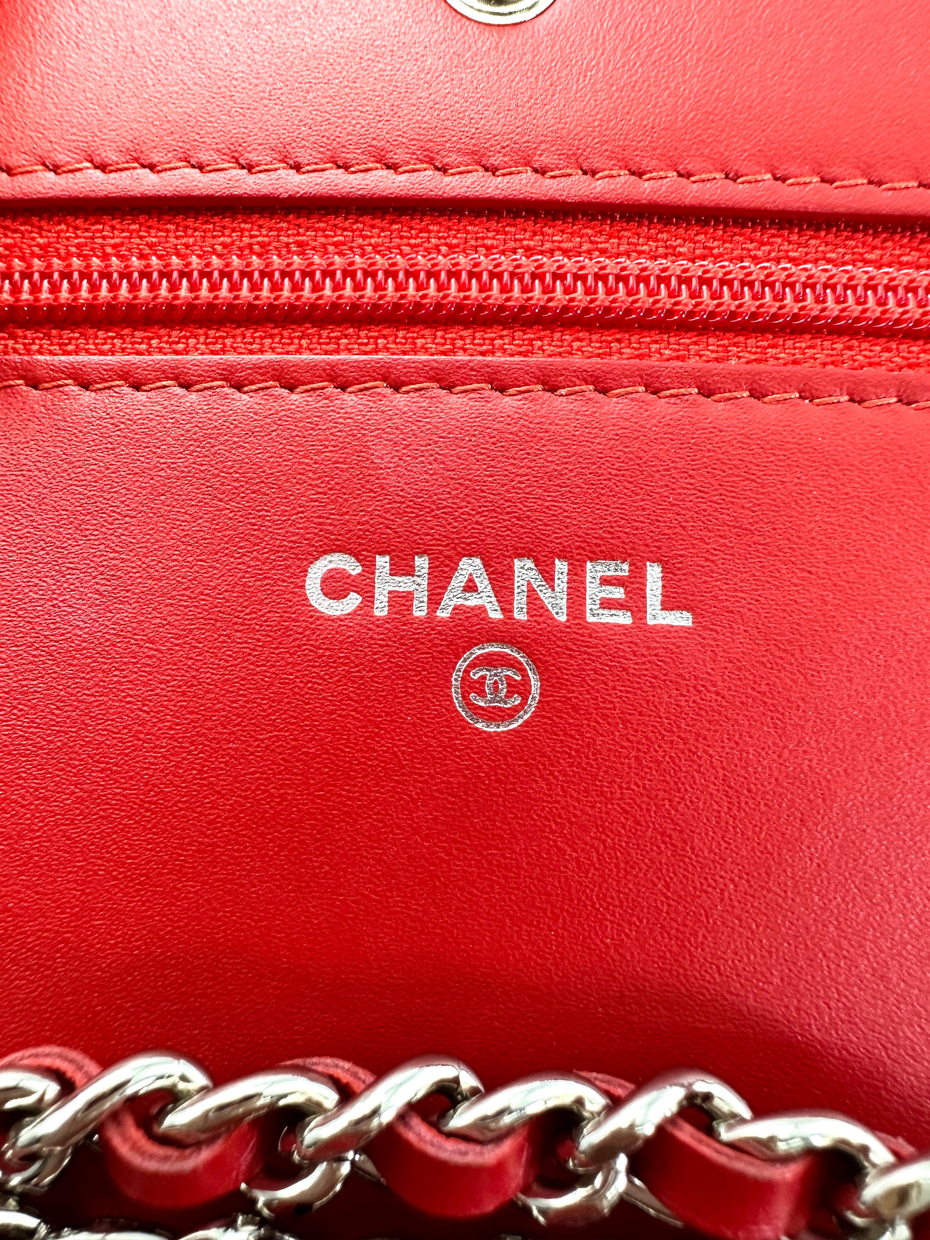 Chanel Red Chevron Quilted Patent Leather Wallet On Chain(20***35) CC1951