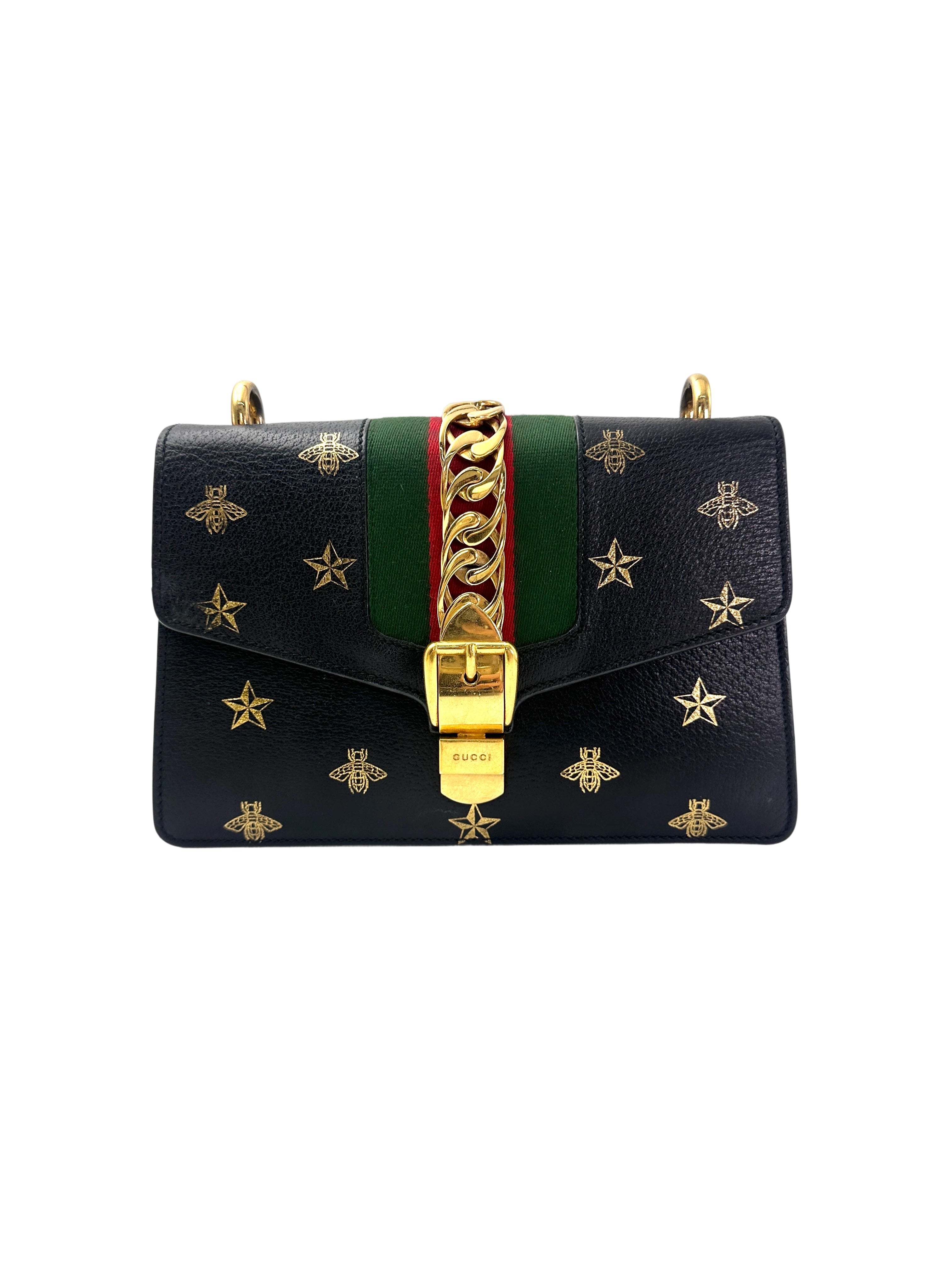 Gucci Sylvie Bee Star Black Leather Small Size Shoulder Bag GG981