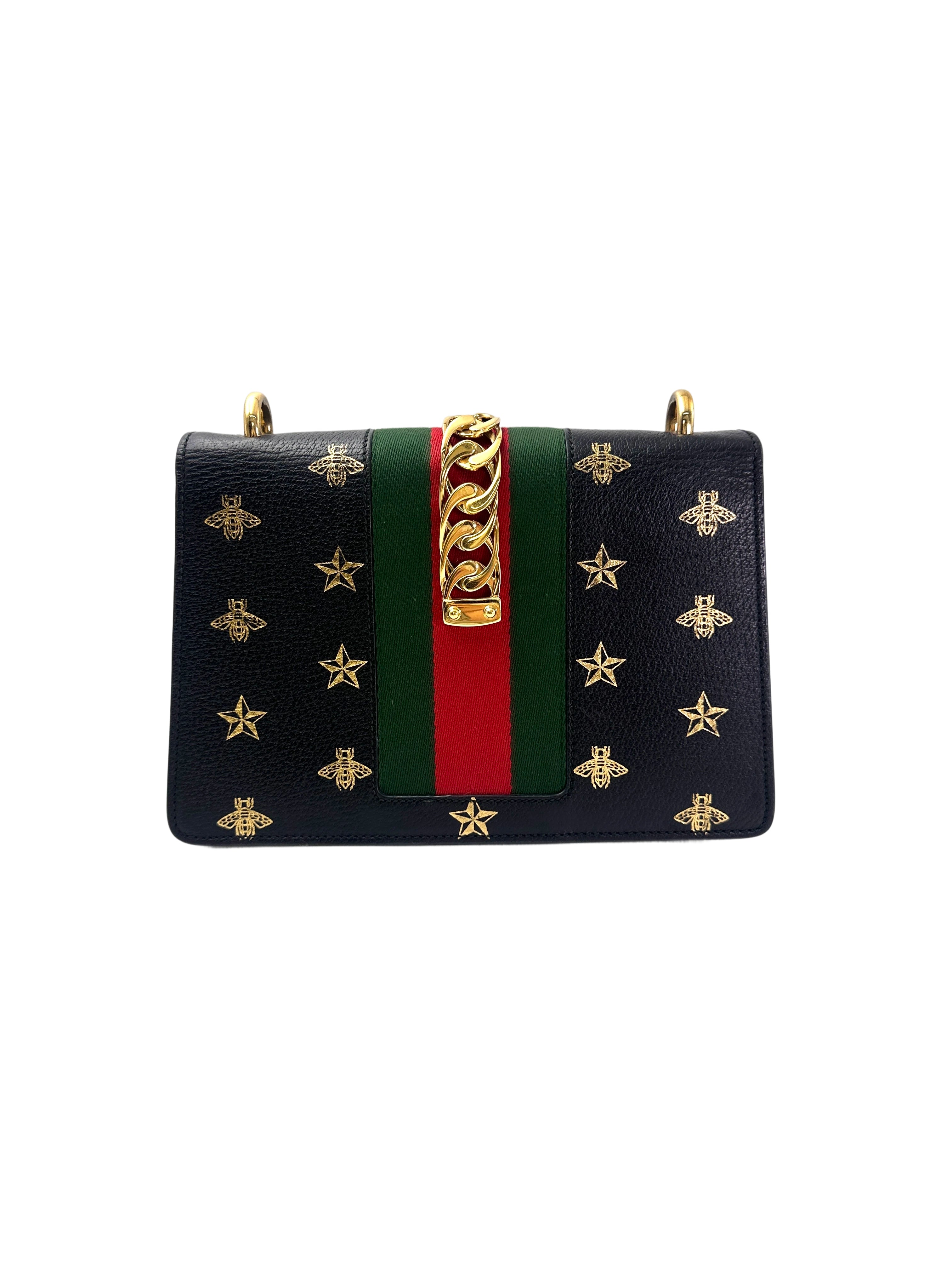 Gucci Sylvie Bee Star Black Leather Small Size Shoulder Bag GG981
