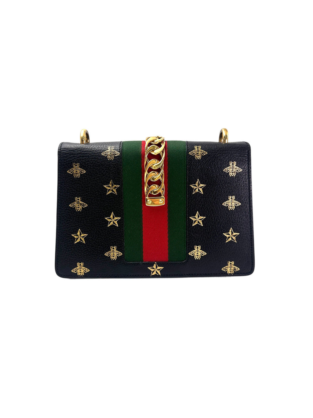 Gucci Sylvie Bee Star Black Leather Small Size Shoulder Bag GG981