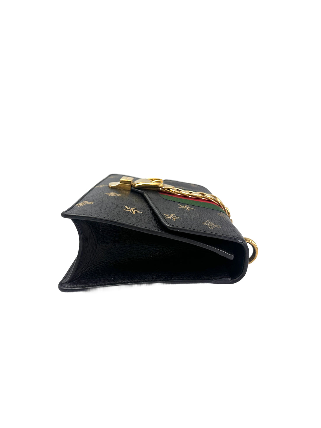Gucci Sylvie Bee Star Black Leather Small Size Shoulder Bag GG981