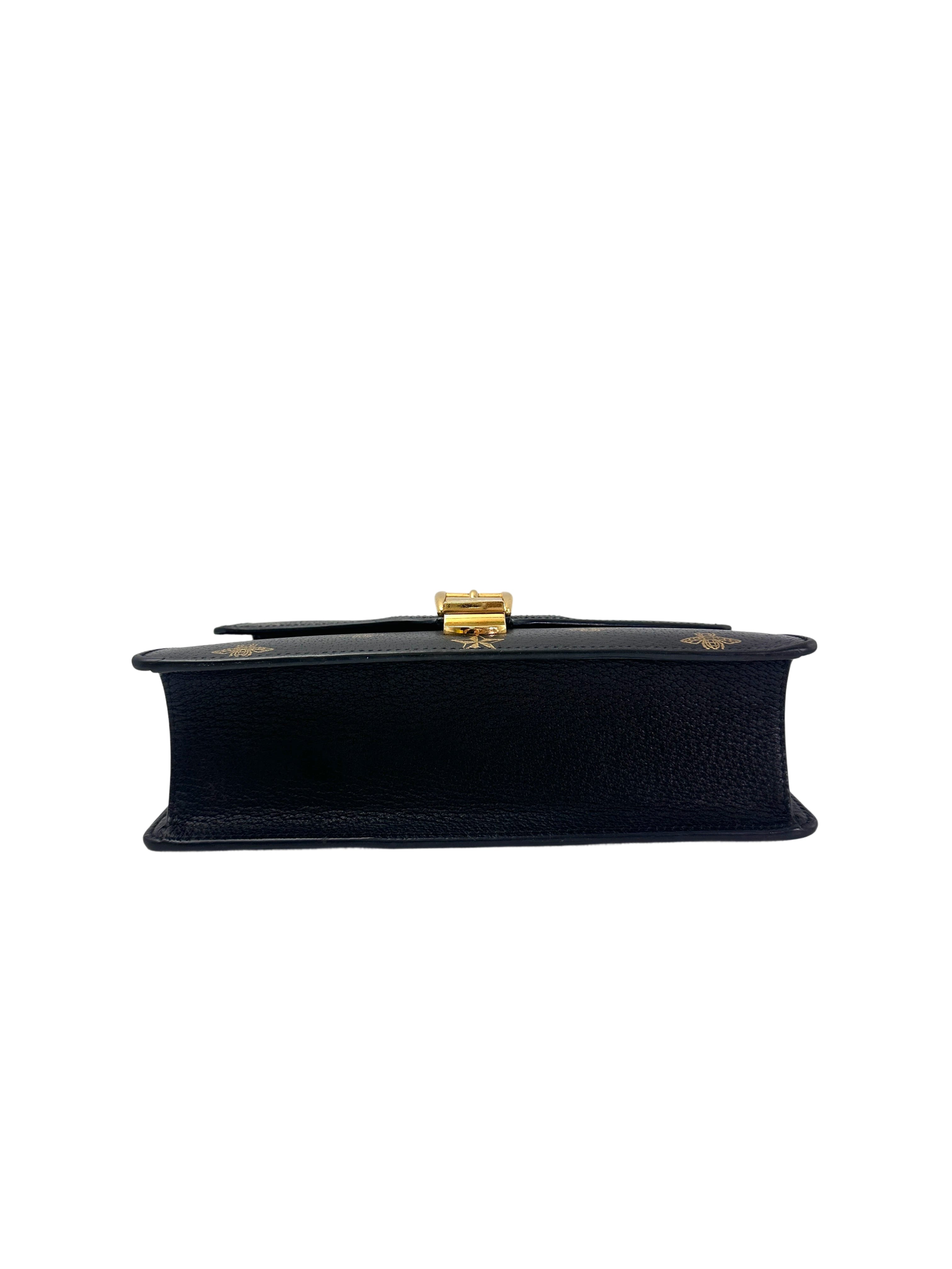 Gucci Sylvie Bee Star Black Leather Small Size Shoulder Bag GG981