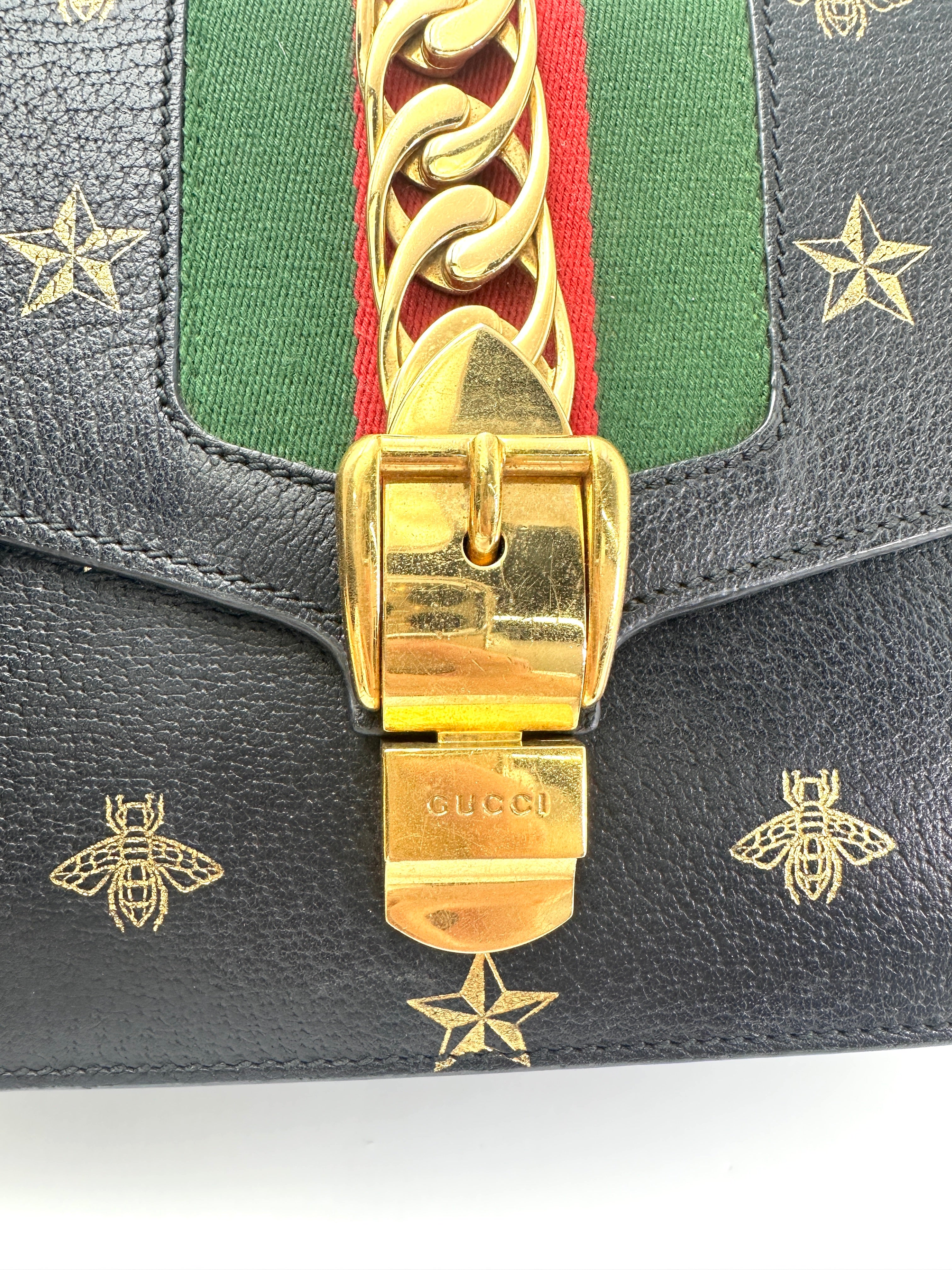 Gucci Sylvie Bee Star Black Leather Small Size Shoulder Bag GG981