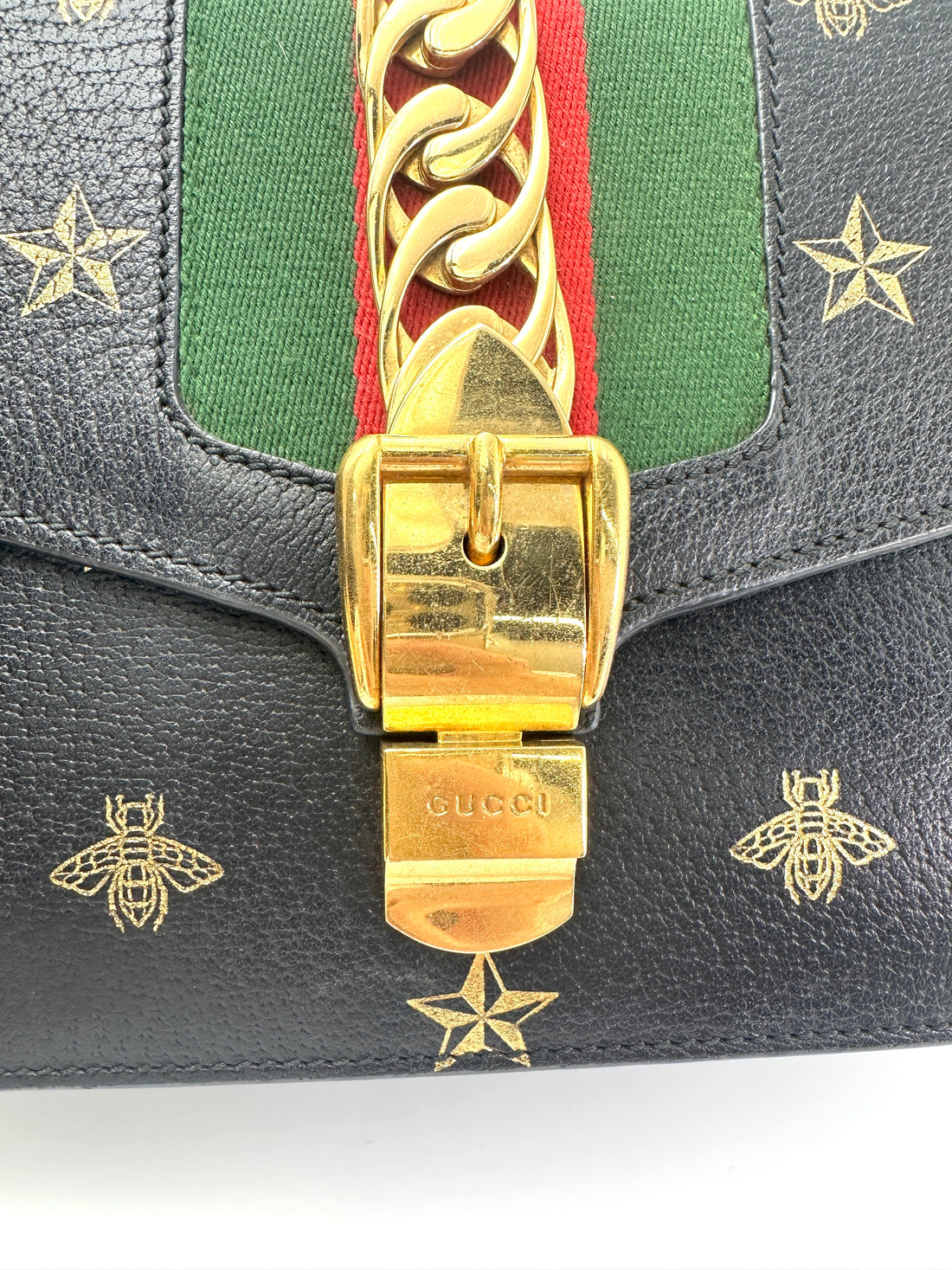 Gucci Sylvie Bee Star Black Leather Small Size Shoulder Bag GG981