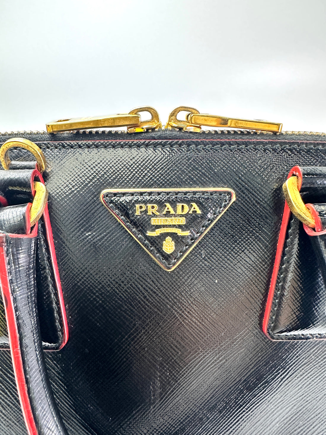 Prada Promenade Black Saffiano Patent Leather Handle Bag PR325