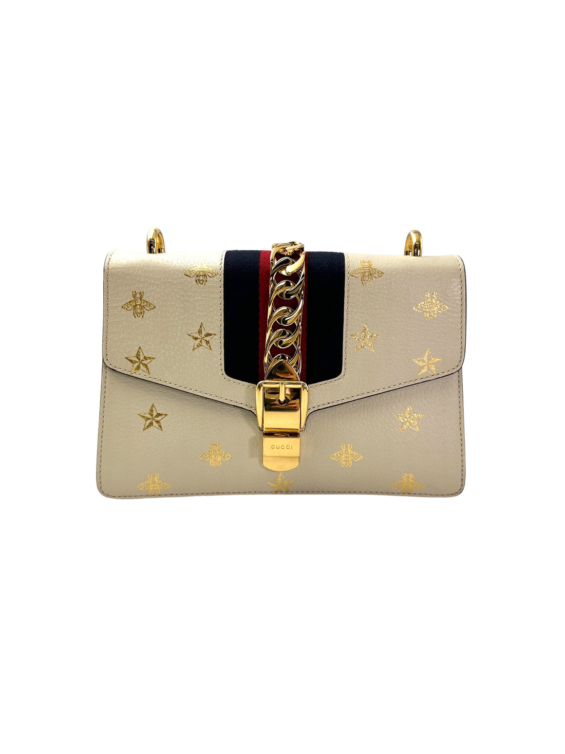 Gucci Sylvie Bee Star White Leather Shoulder Bag GG975