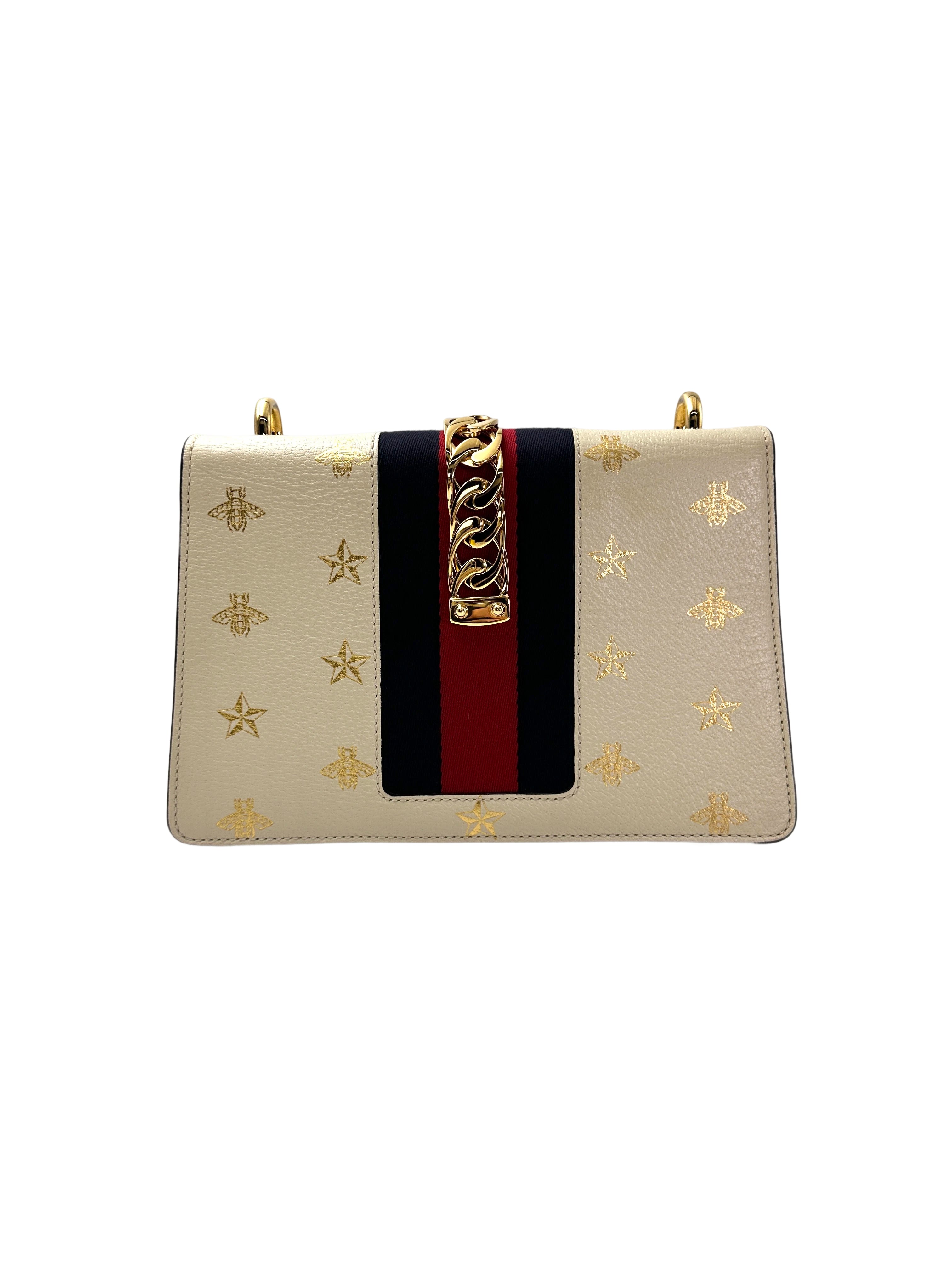 Gucci Sylvie Bee Star White Leather Shoulder Bag GG975