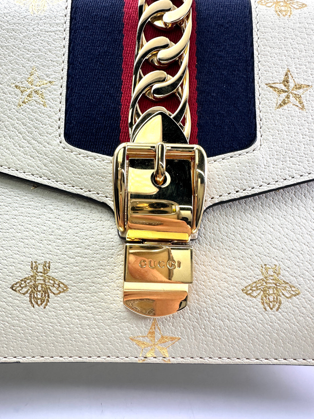 Gucci Sylvie Bee Star White Leather Shoulder Bag GG975