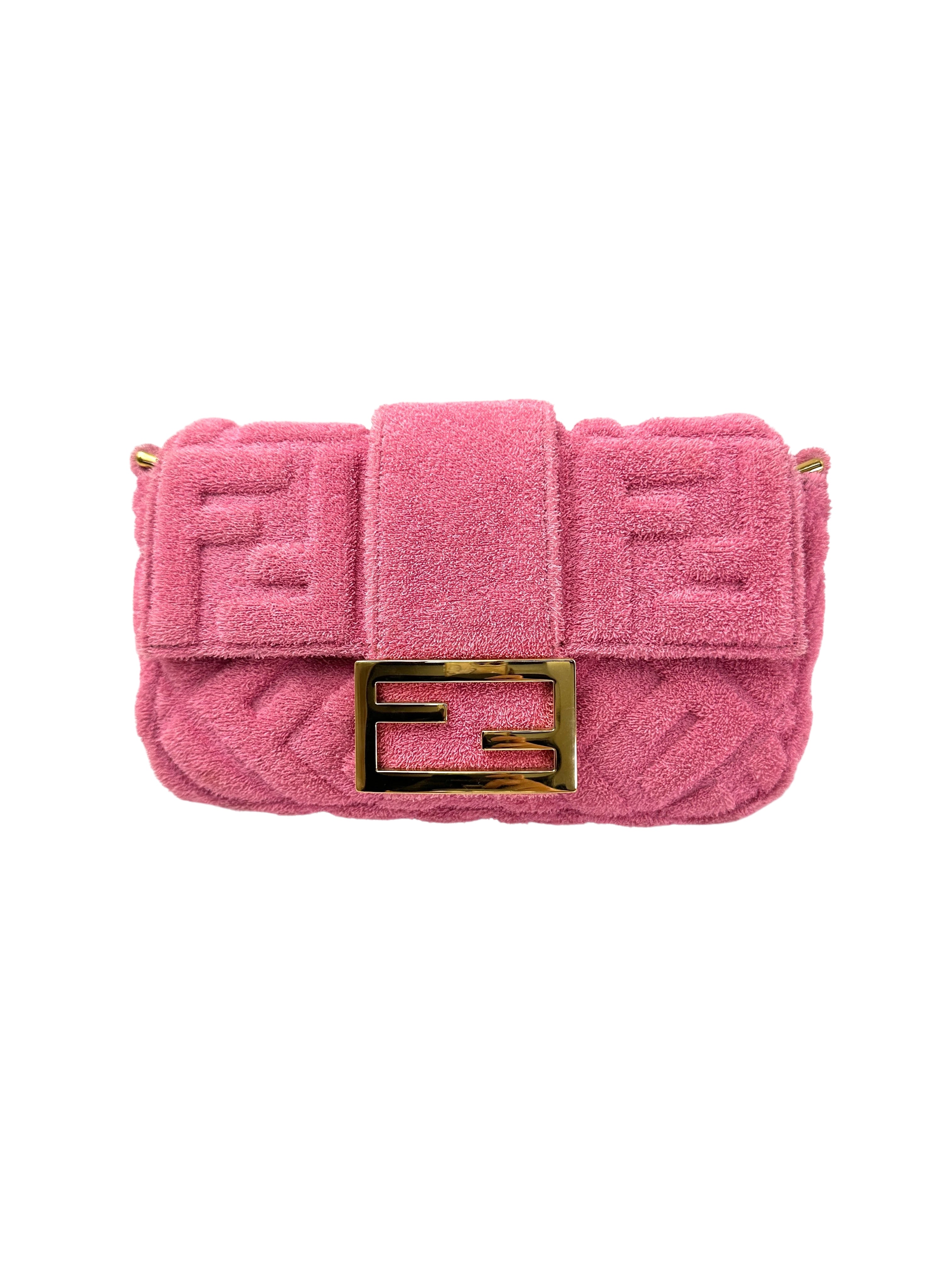 Fendi Baguette Pink Embossed FF Terry Cloth Shoulder Bag With Gold Hardware FF104