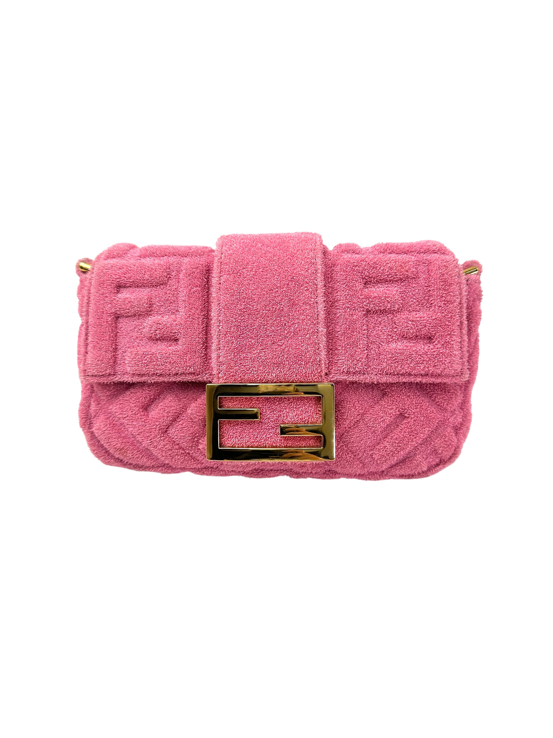 Fendi Baguette Pink Embossed FF Terry Cloth Shoulder Bag With Gold Hardware FF104