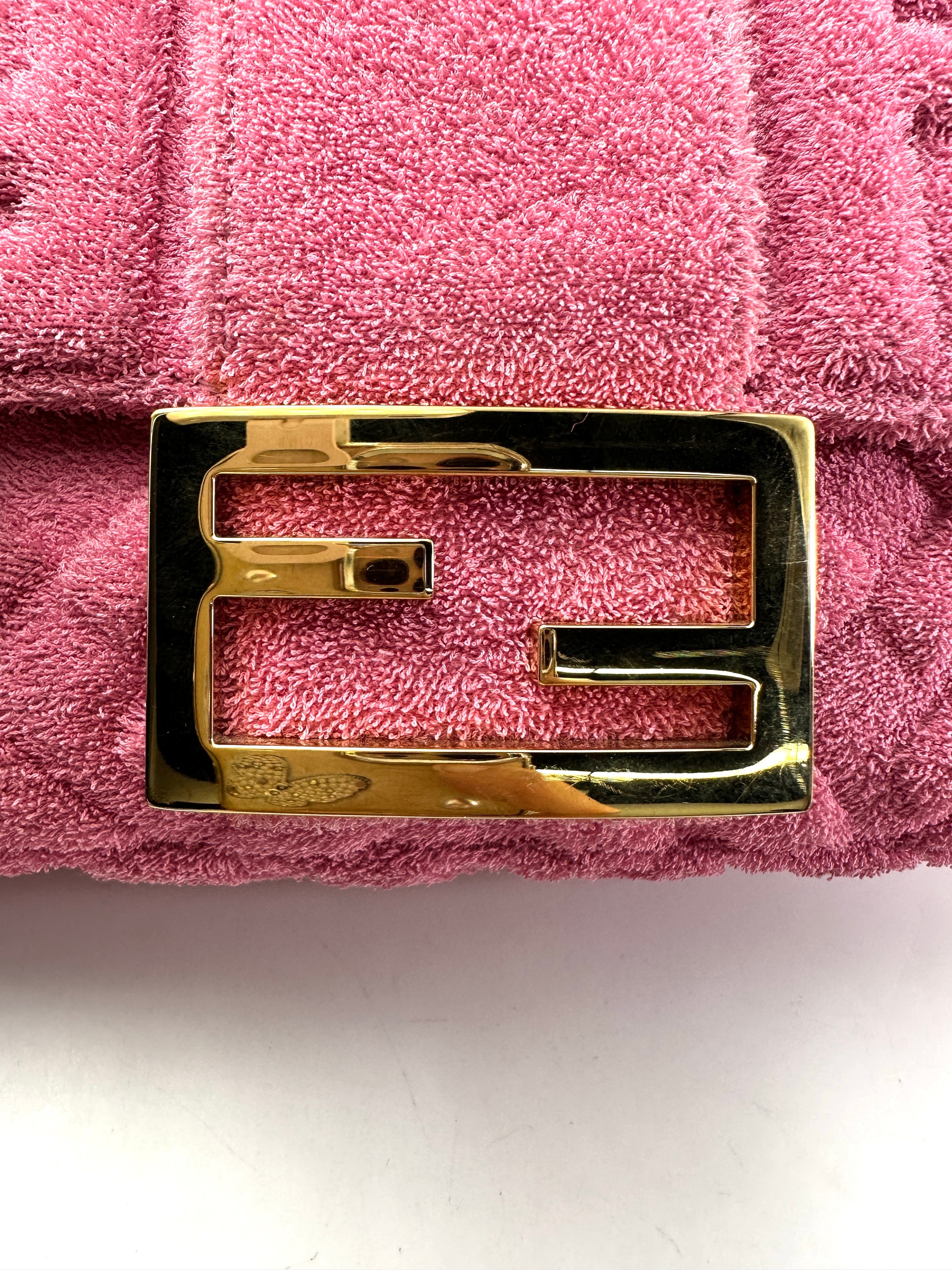 Fendi Baguette Pink Embossed FF Terry Cloth Shoulder Bag With Gold Hardware FF104