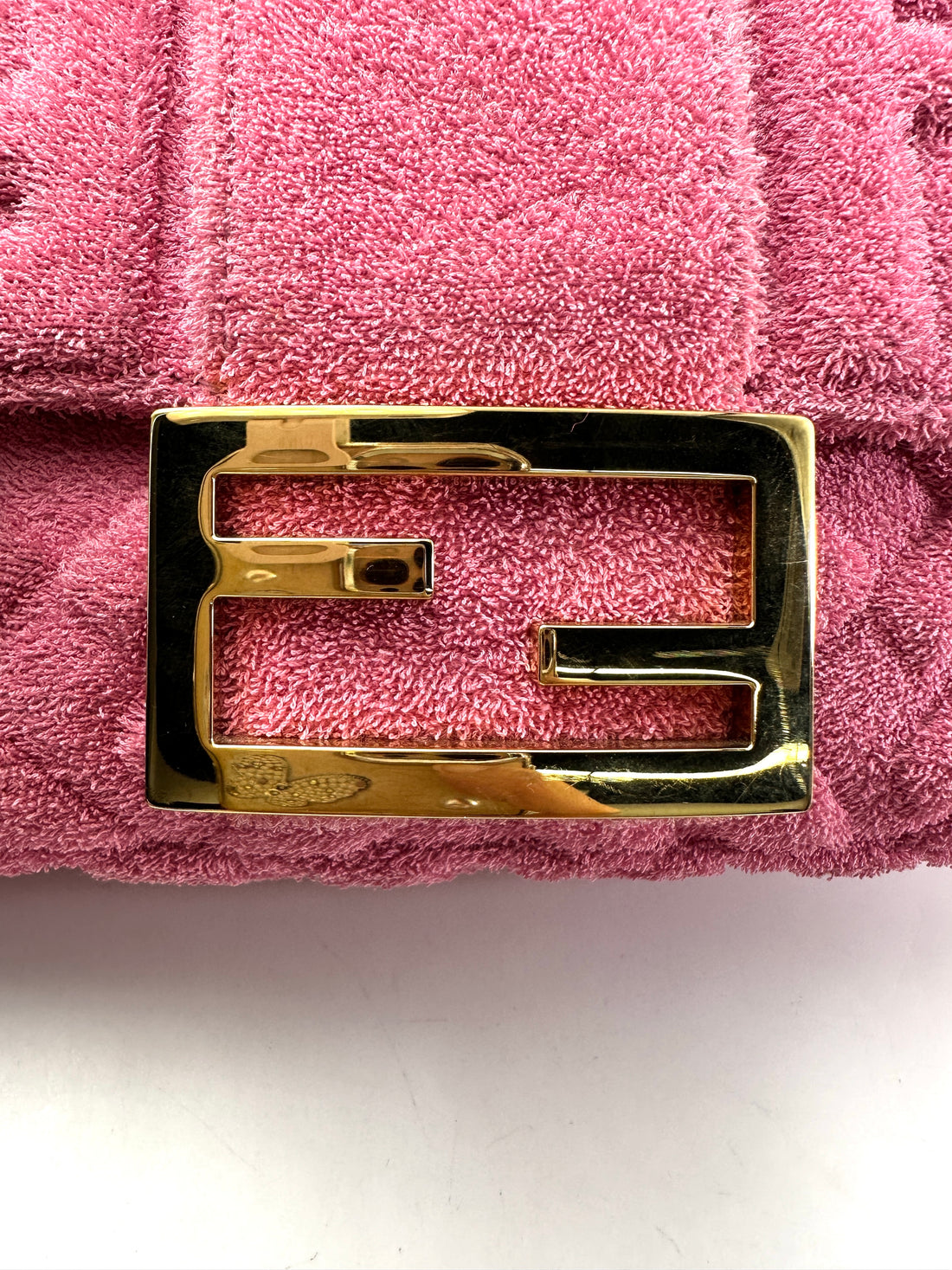 Fendi Baguette Pink Embossed FF Terry Cloth Shoulder Bag With Gold Hardware FF104