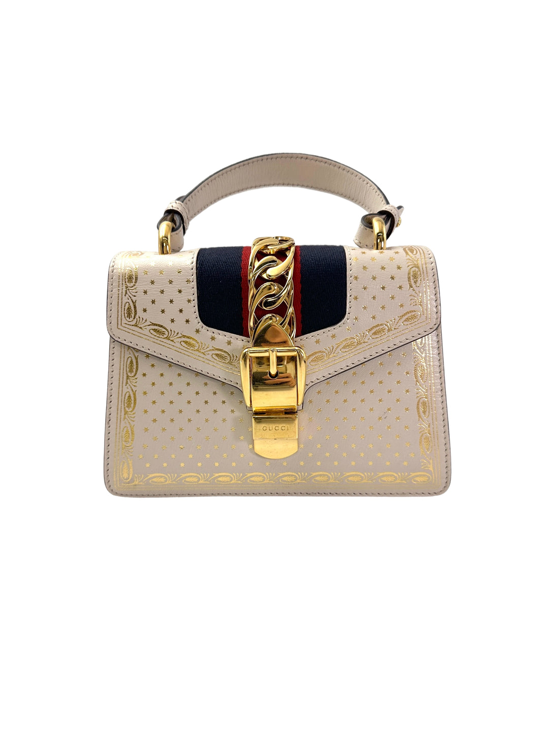 Gucci Sylvie Gold Star White Leather Small Size Top Handle Bag GG982