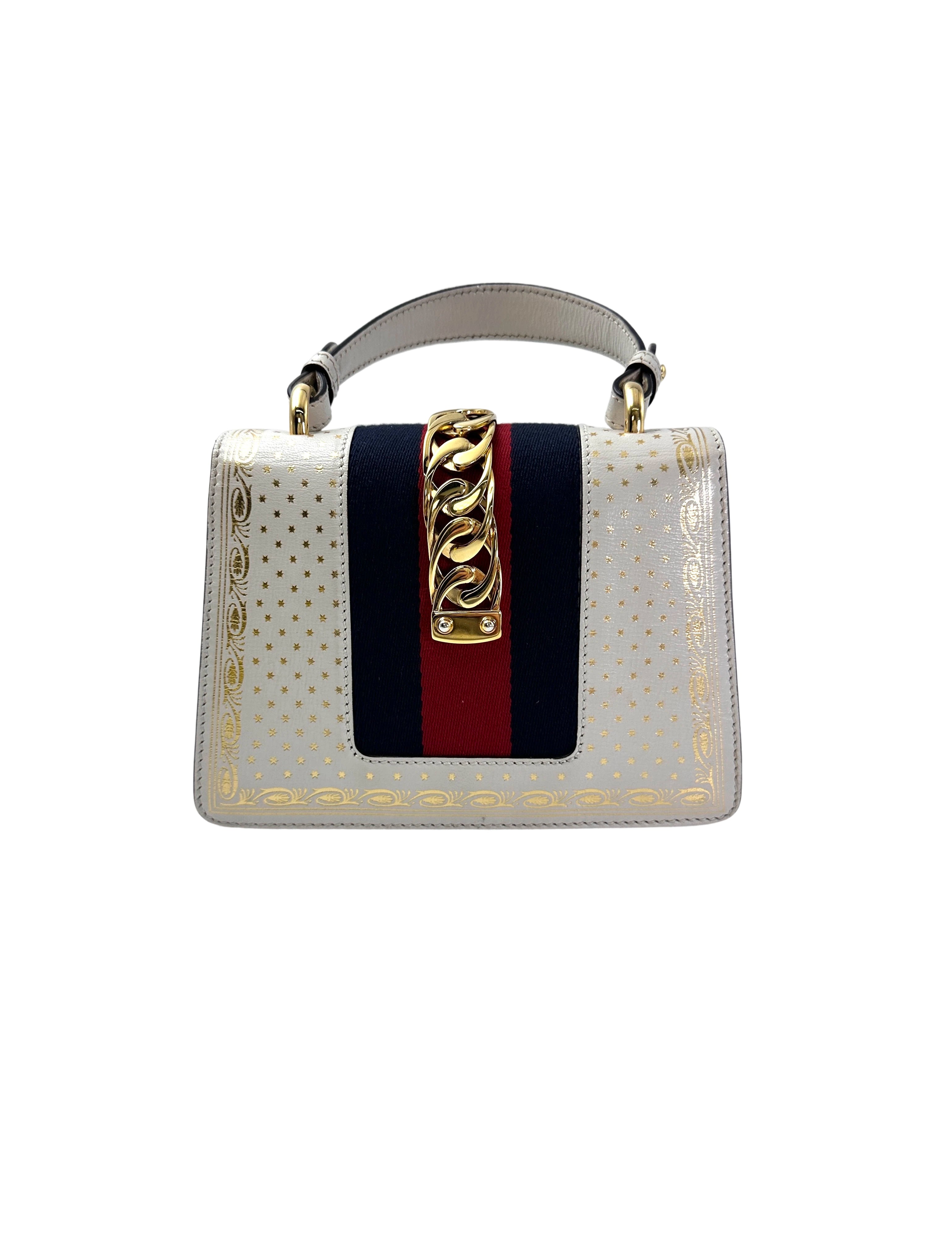 Gucci Sylvie Gold Star White Leather Small Size Top Handle Bag GG982