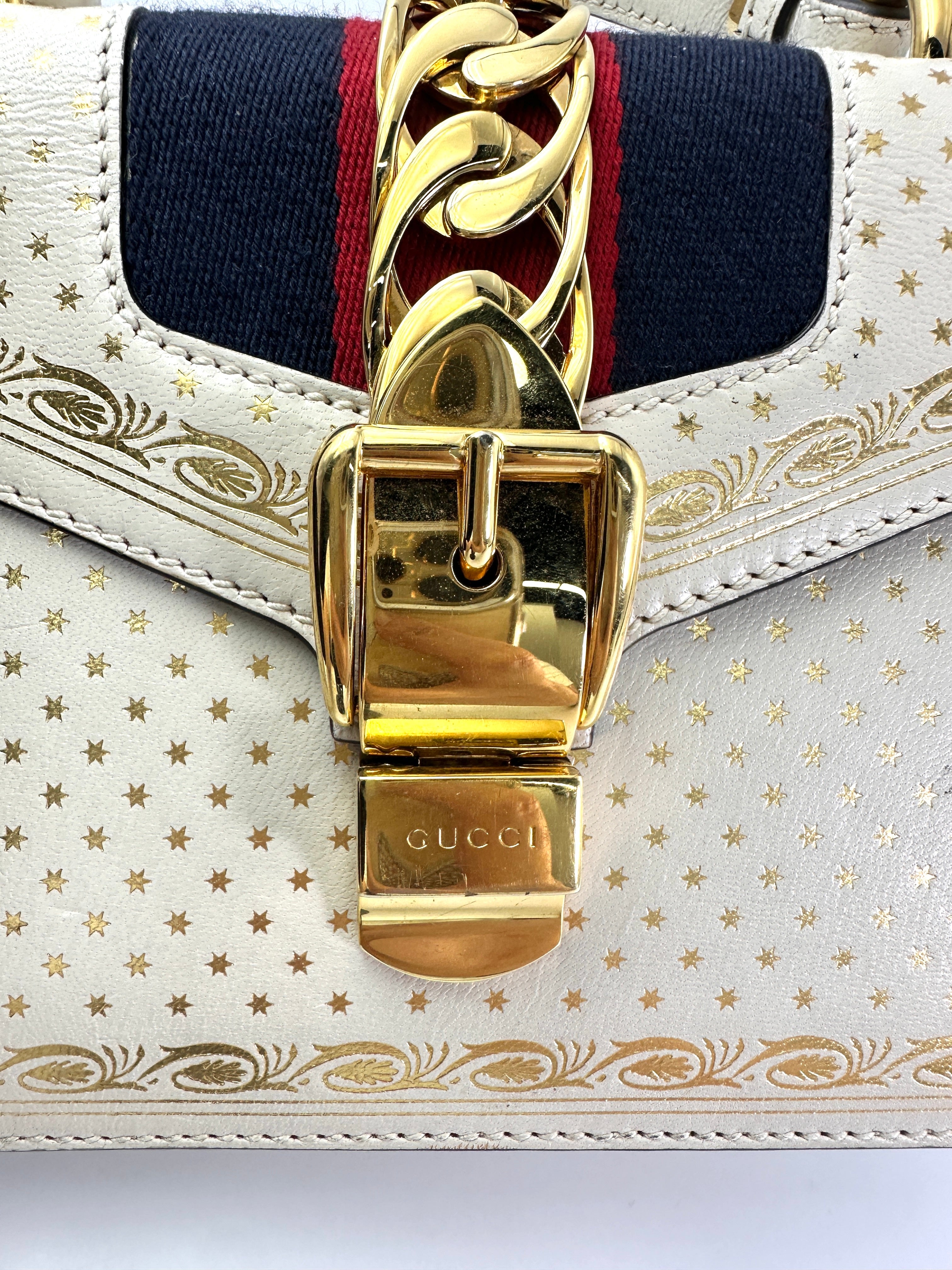 Gucci Sylvie Gold Star White Leather Small Size Top Handle Bag GG982