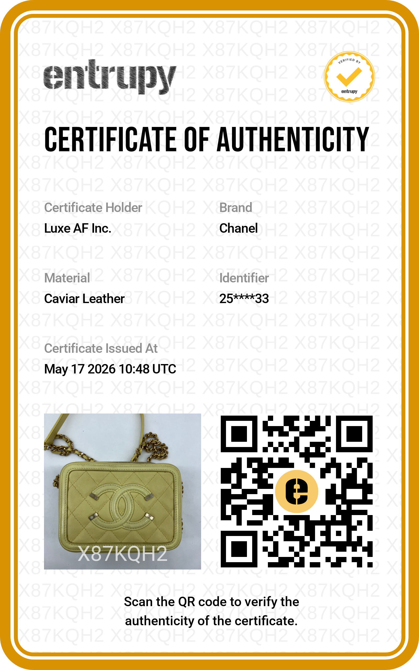 Chanel CC Filigree Yellow Quilted Leather Small Size Vanity Case(25***33) CC1954