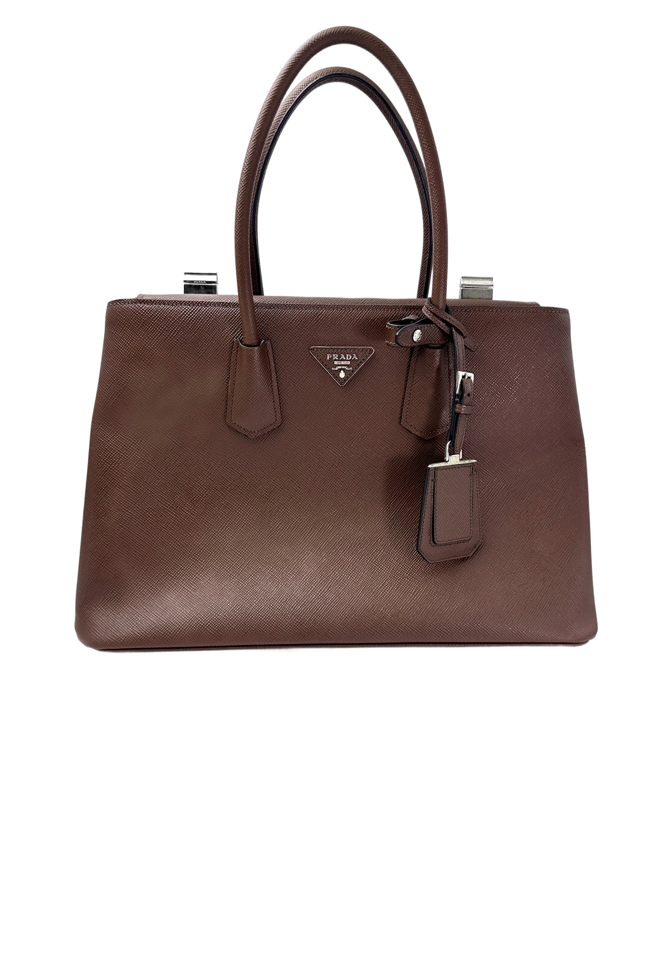 Prada Double Brown Saffiano Cuir Leather Handle Bag PR336