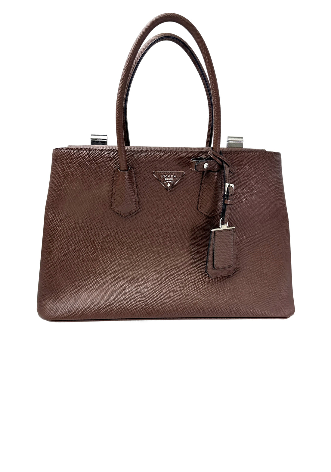 Prada Double Brown Saffiano Cuir Leather Handle Bag PR336