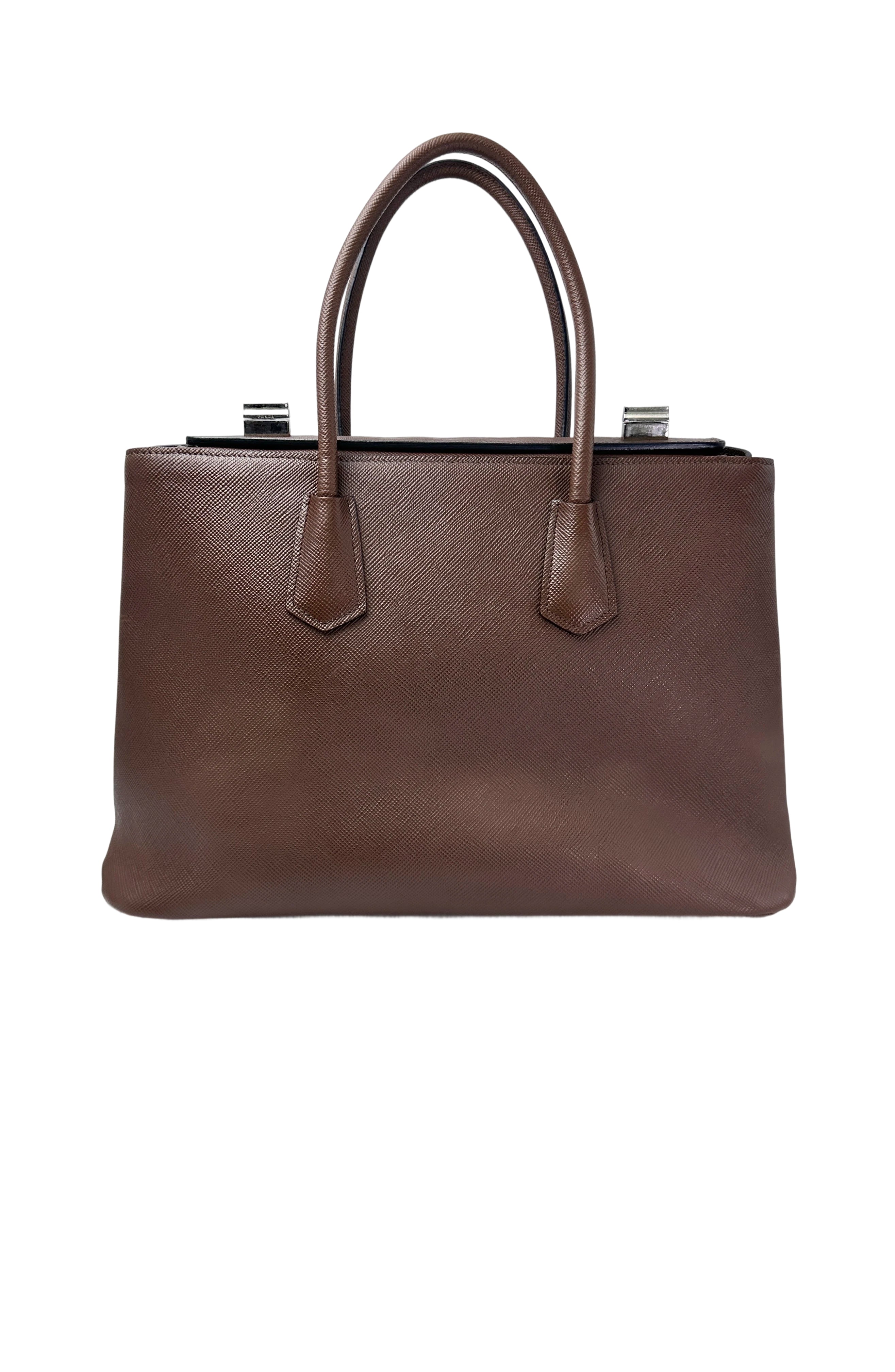 Prada Double Brown Saffiano Cuir Leather Handle Bag PR336