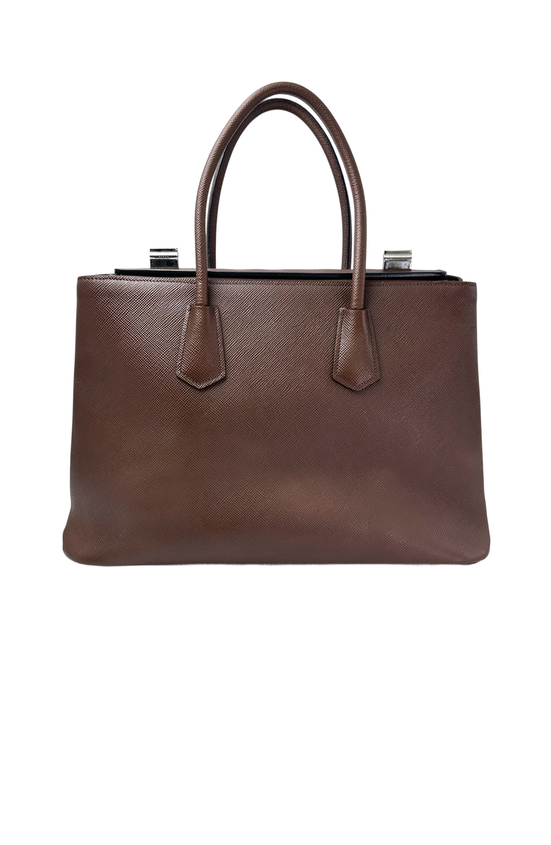 Prada Double Brown Saffiano Cuir Leather Handle Bag PR336