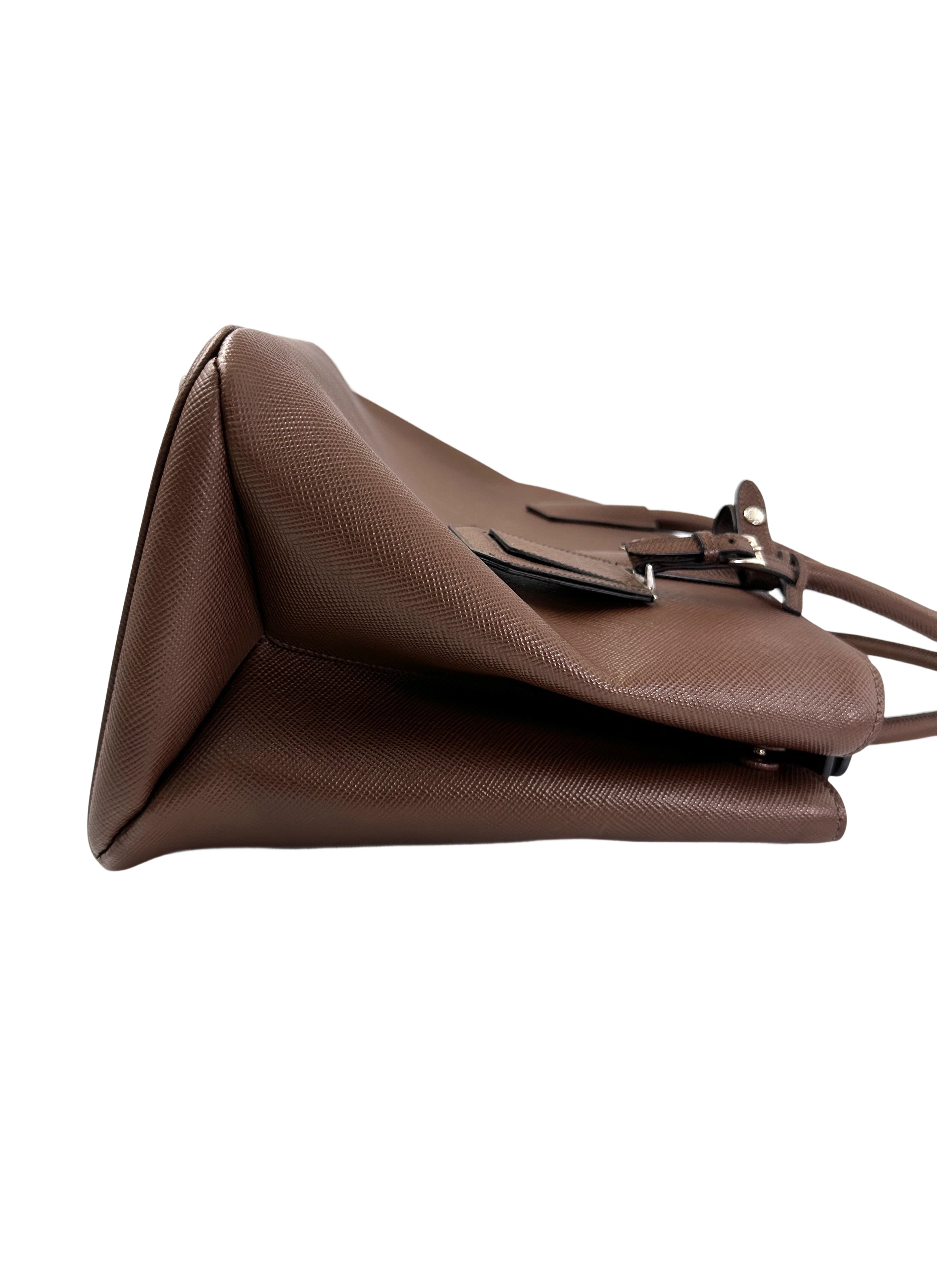 Prada Double Brown Saffiano Cuir Leather Handle Bag PR336