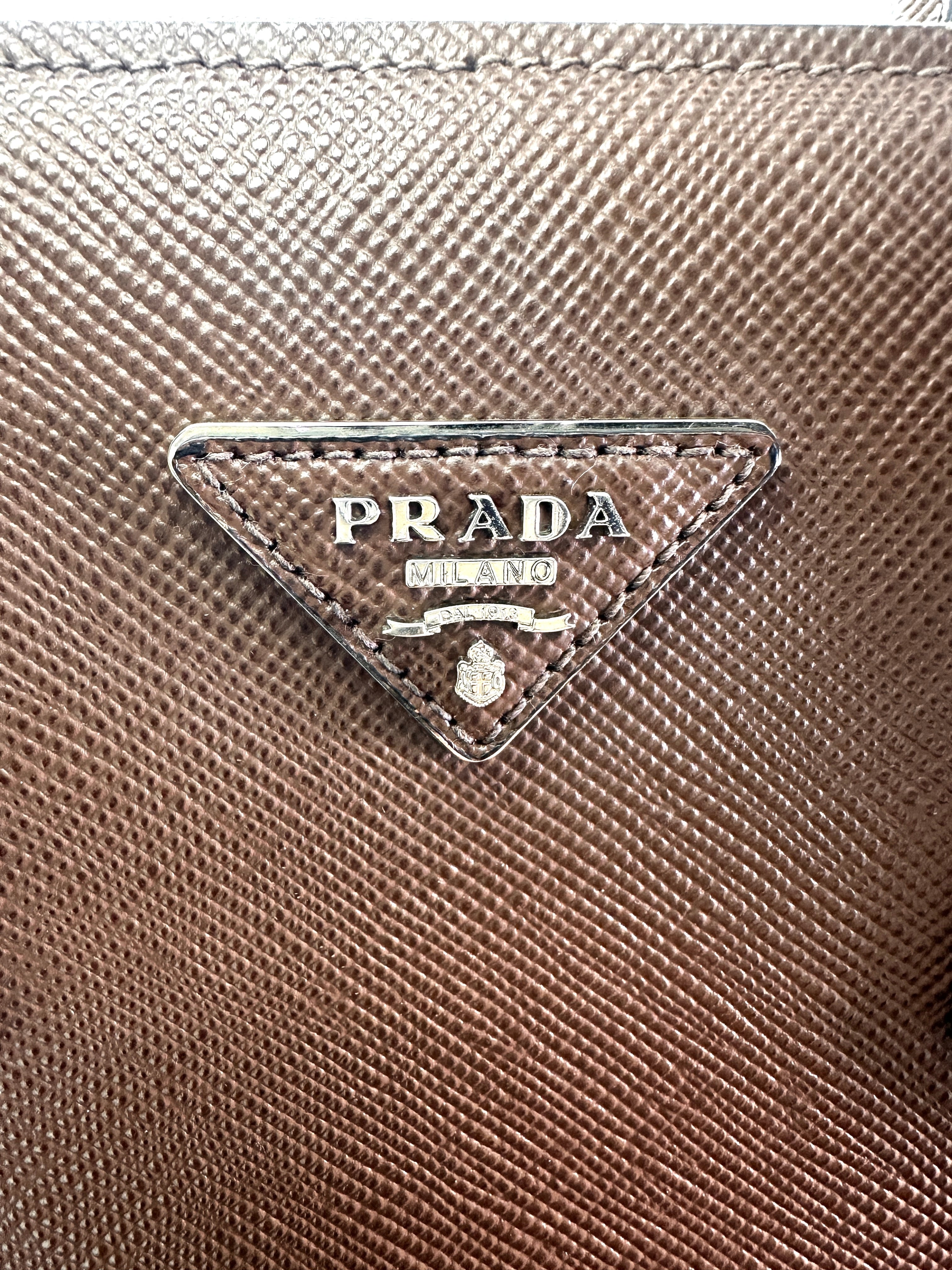Prada Double Brown Saffiano Cuir Leather Handle Bag PR336