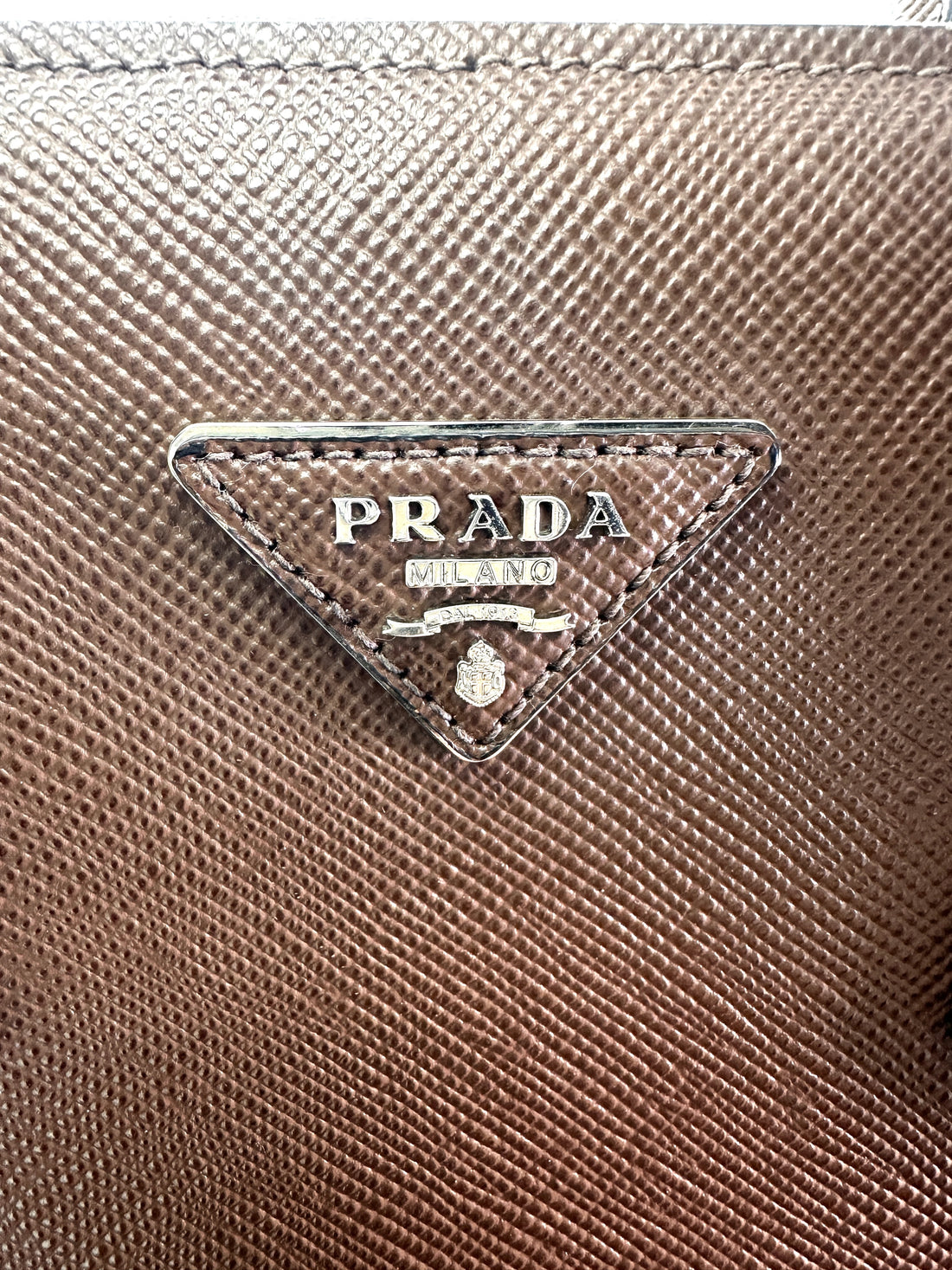 Prada Double Brown Saffiano Cuir Leather Handle Bag PR336