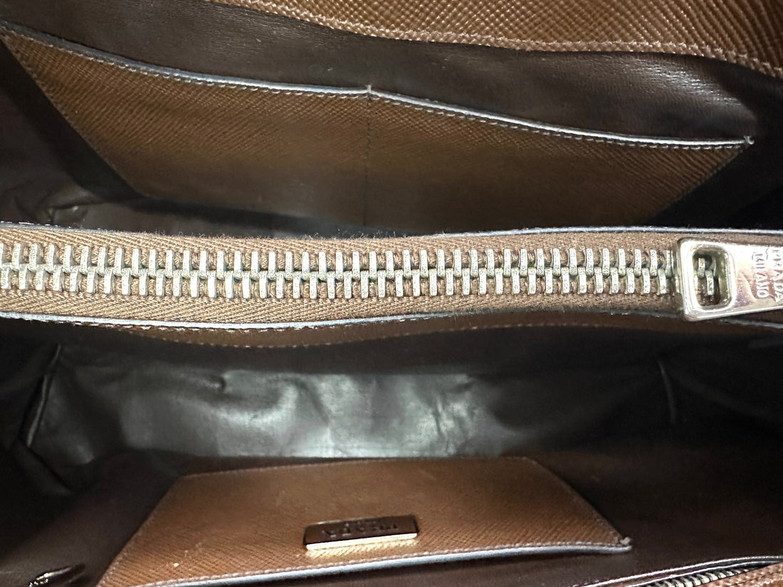 Prada Double Brown Saffiano Cuir Leather Handle Bag PR336