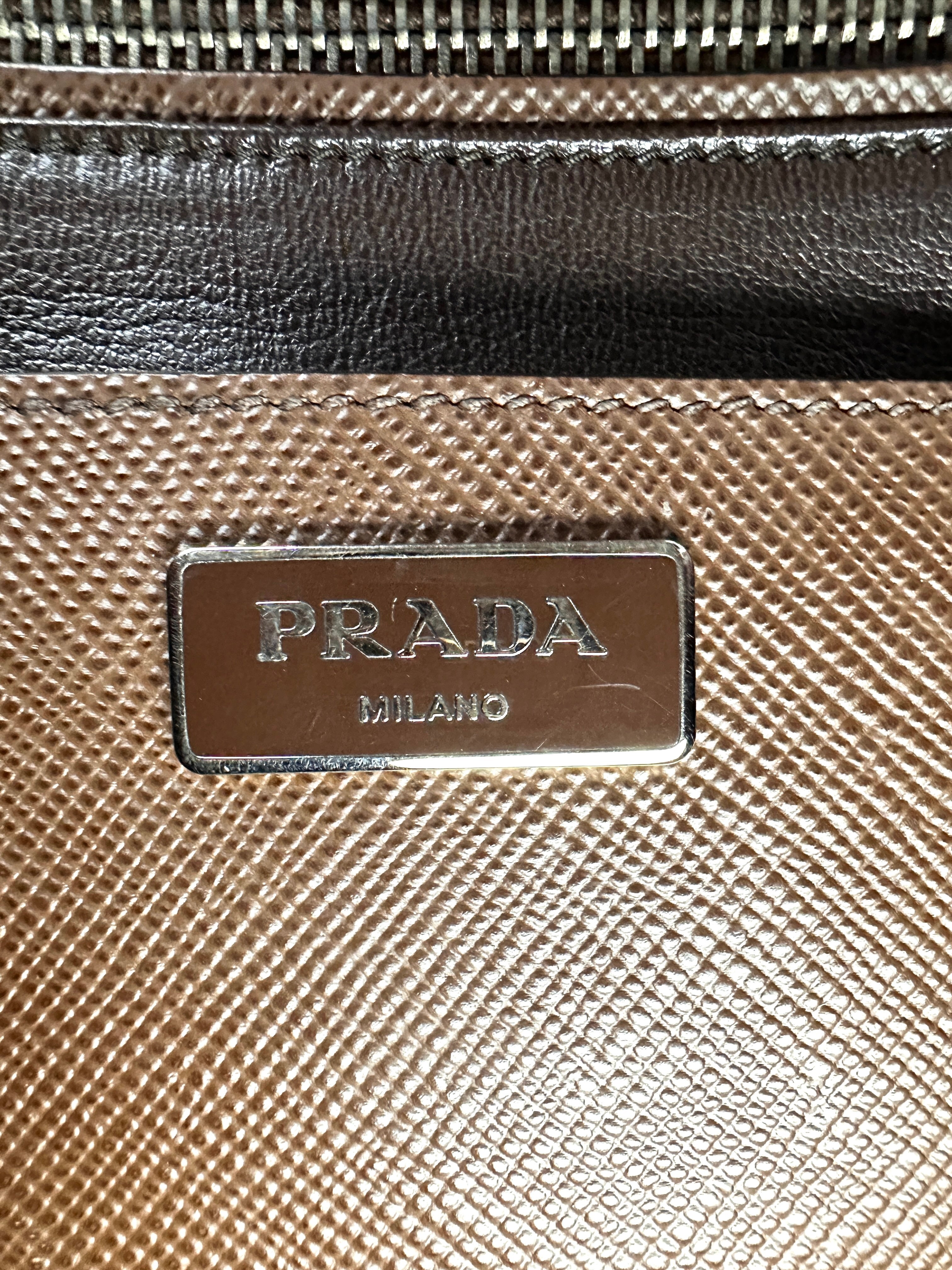 Prada Double Brown Saffiano Cuir Leather Handle Bag PR336