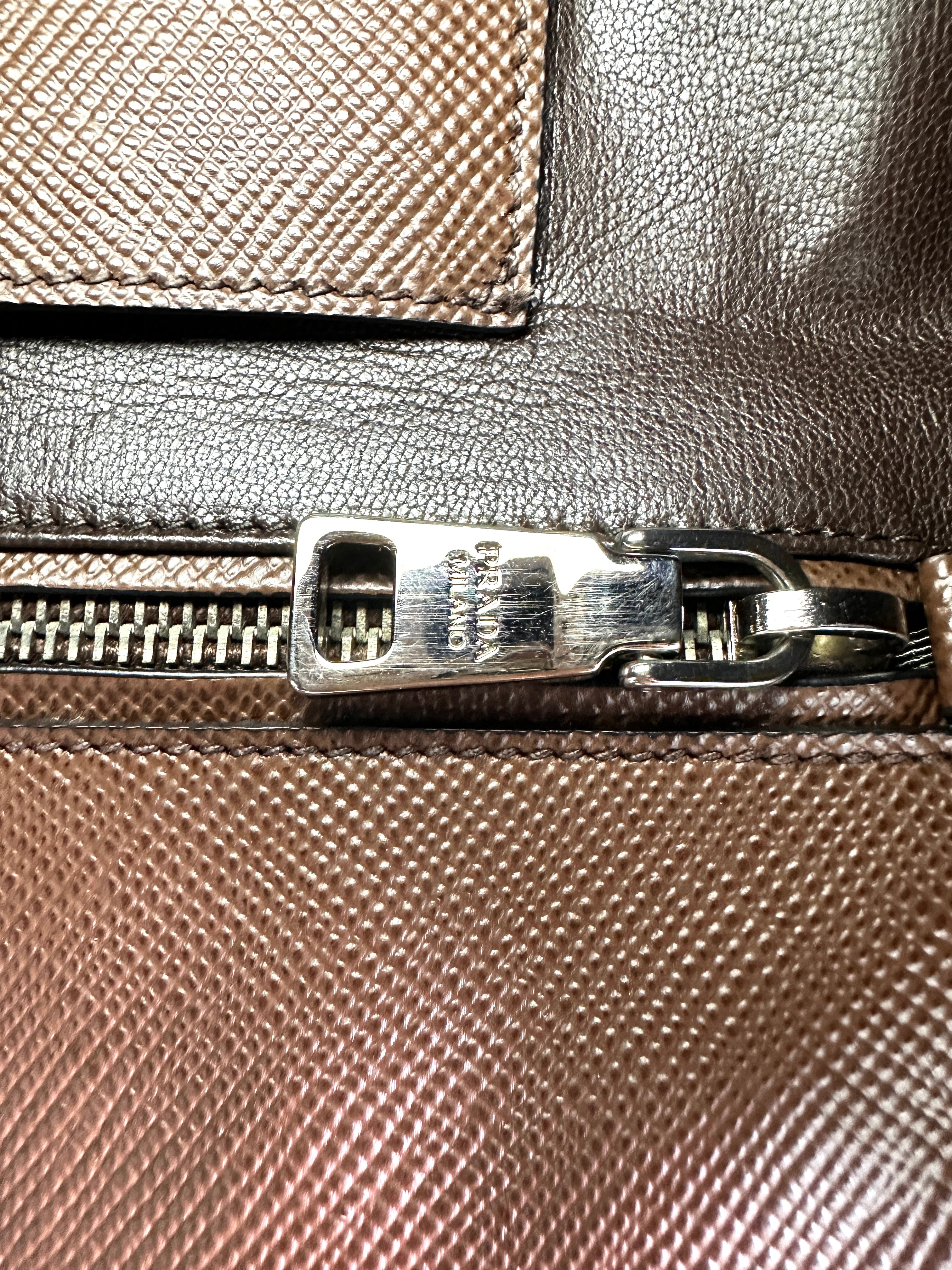 Prada Double Brown Saffiano Cuir Leather Handle Bag PR336
