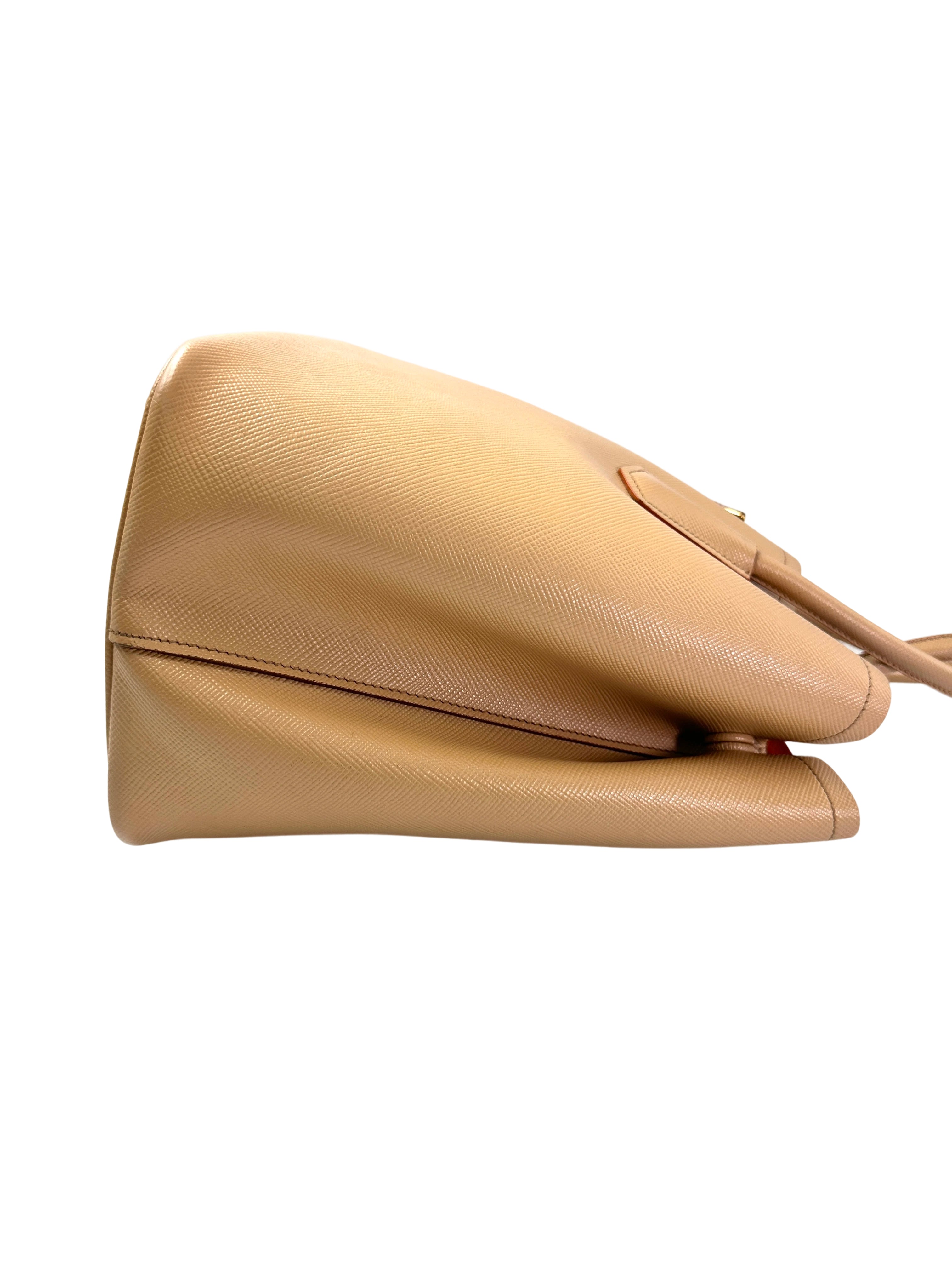 Prada Double Beige Saffiano Cuir Leather Handle Bag PR335