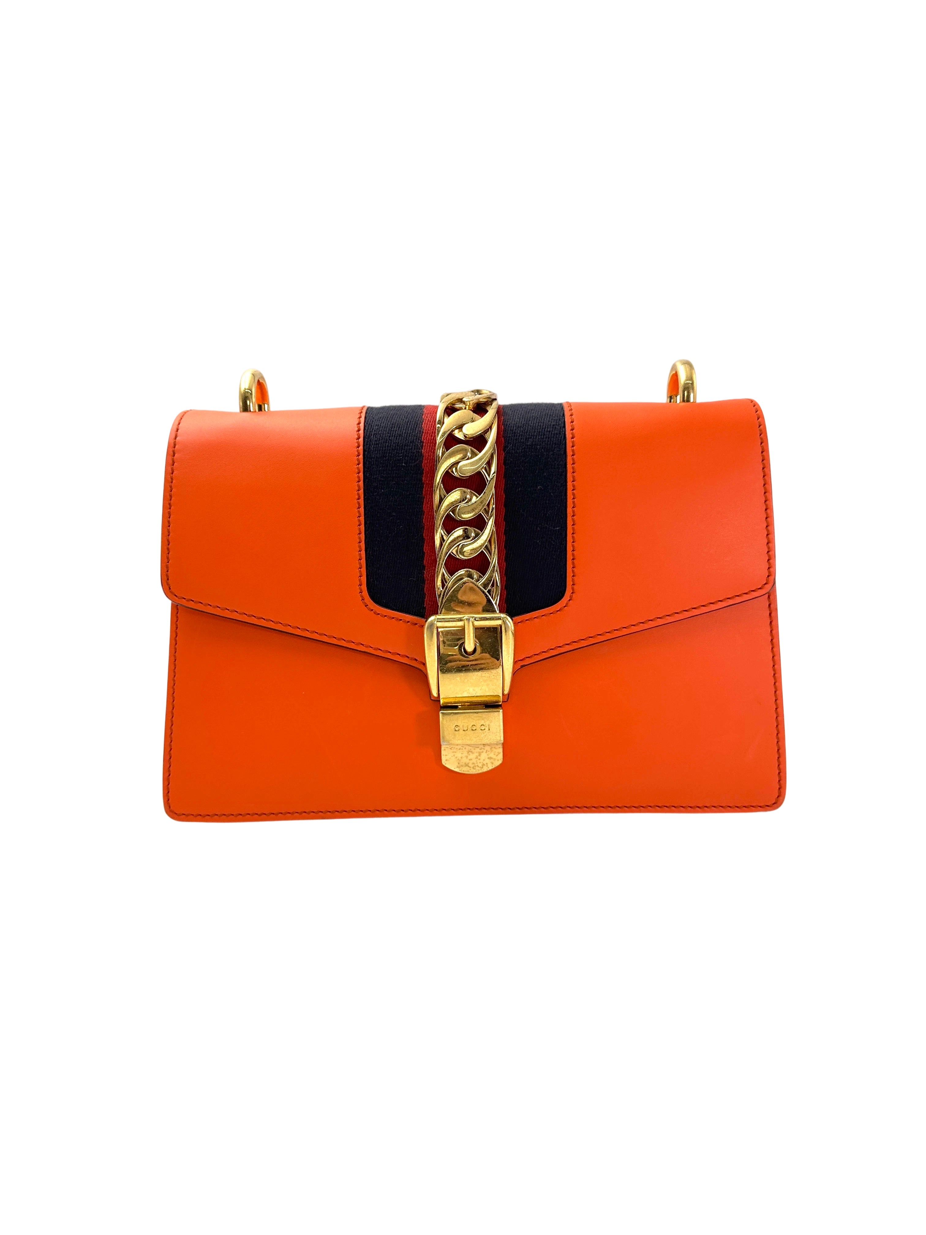Gucci Sylvie Orange Leather Medium Size Shoulder Bag GG984