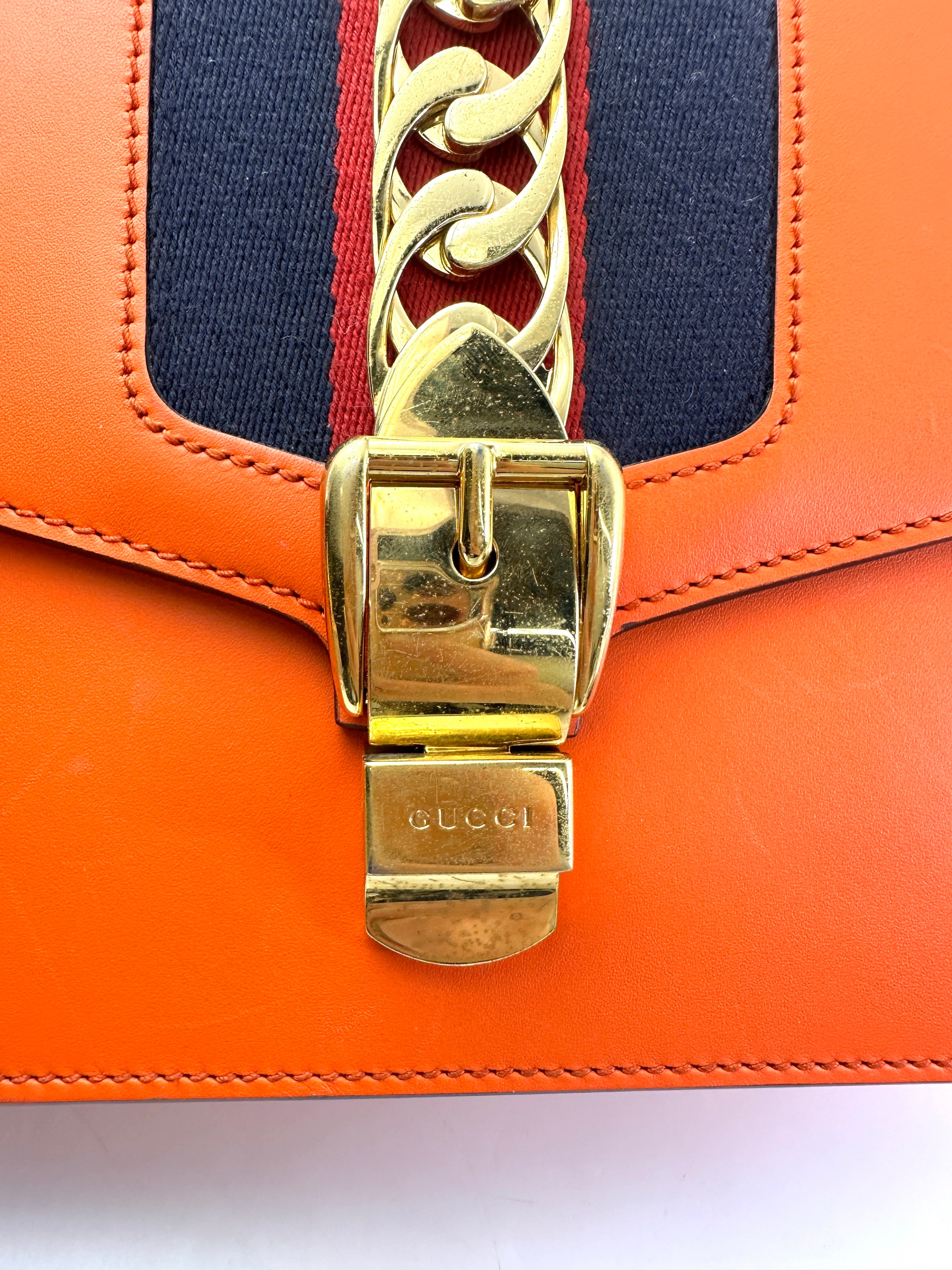 Gucci Sylvie Orange Leather Medium Size Shoulder Bag GG984