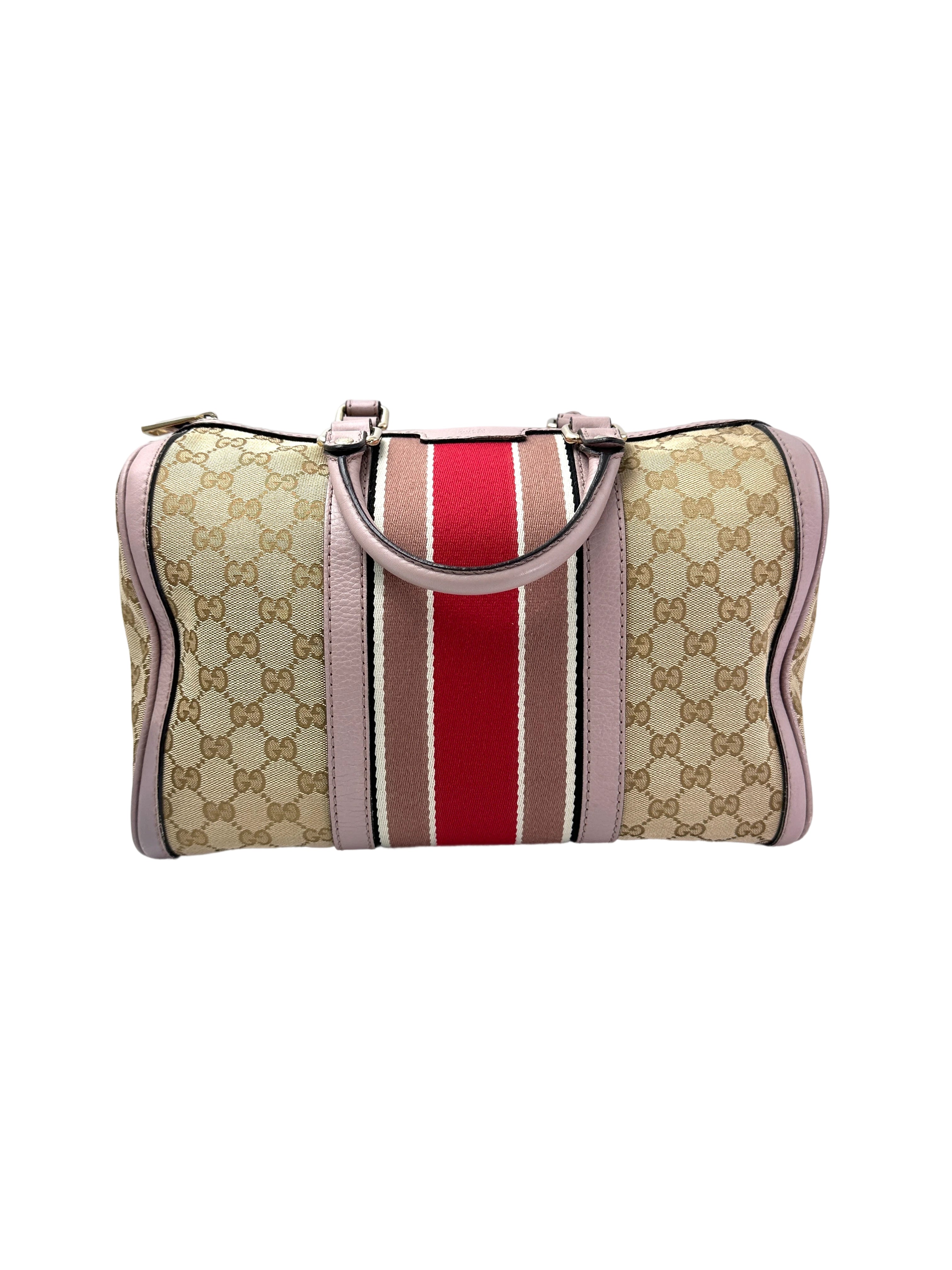 Gucci GG Canvas Boston Bag With Pink Stripe GG986