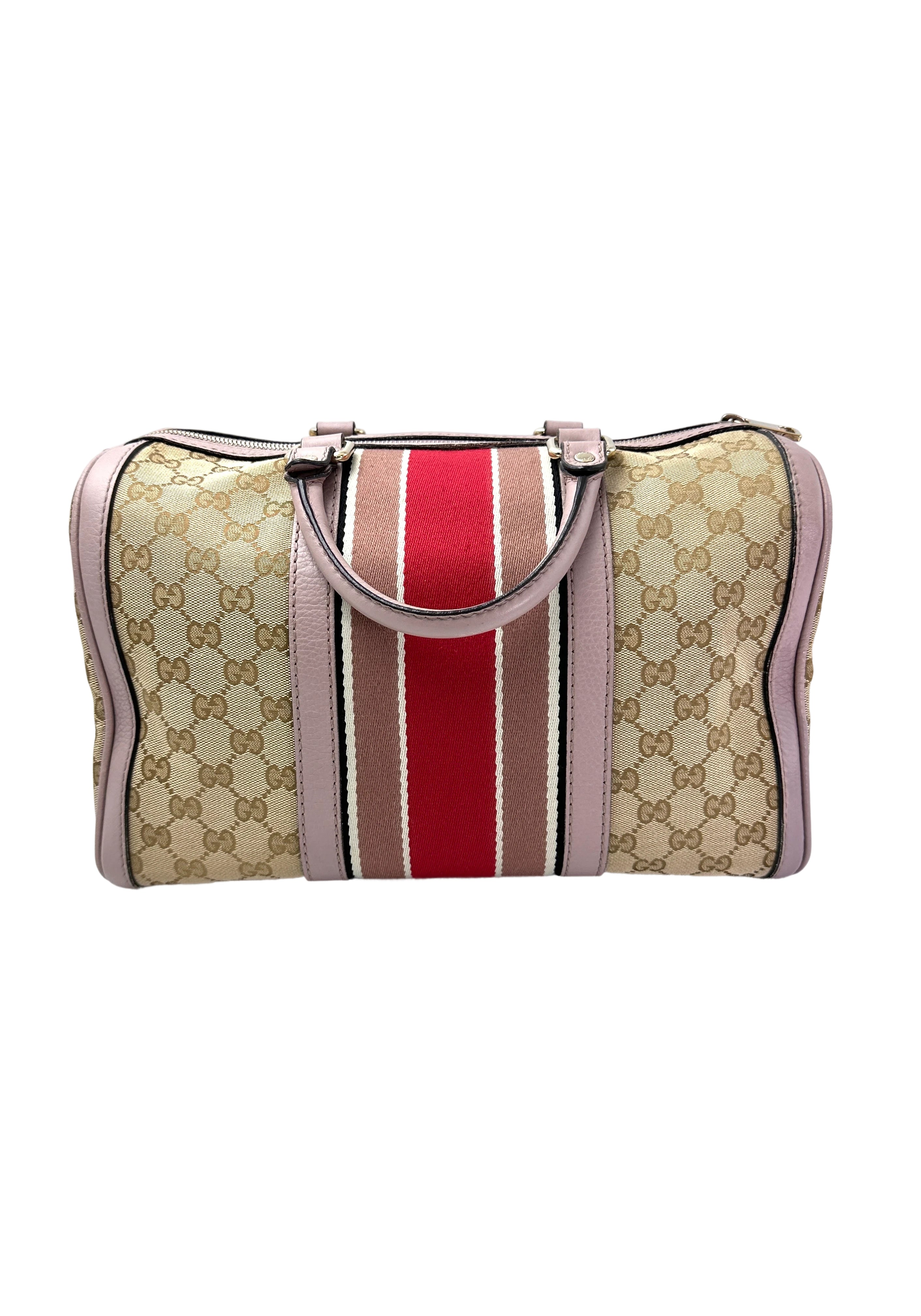 Gucci GG Canvas Boston Bag With Pink Stripe GG986