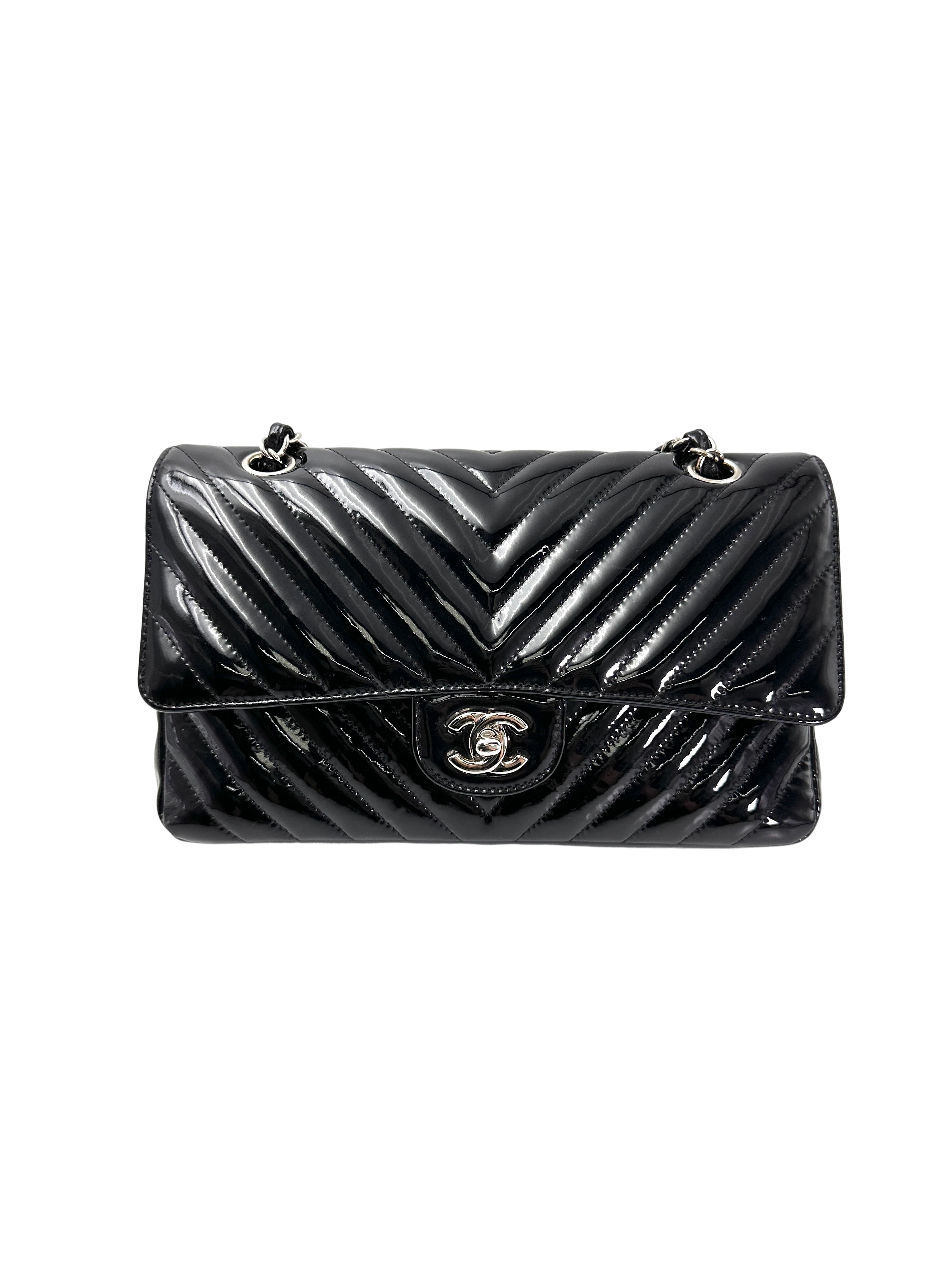 Chanel Classic Flap Black Chevron Quilted Patent Leather Medium Size Shoulder Bag With Silver Buckle(24***71) IRIS219